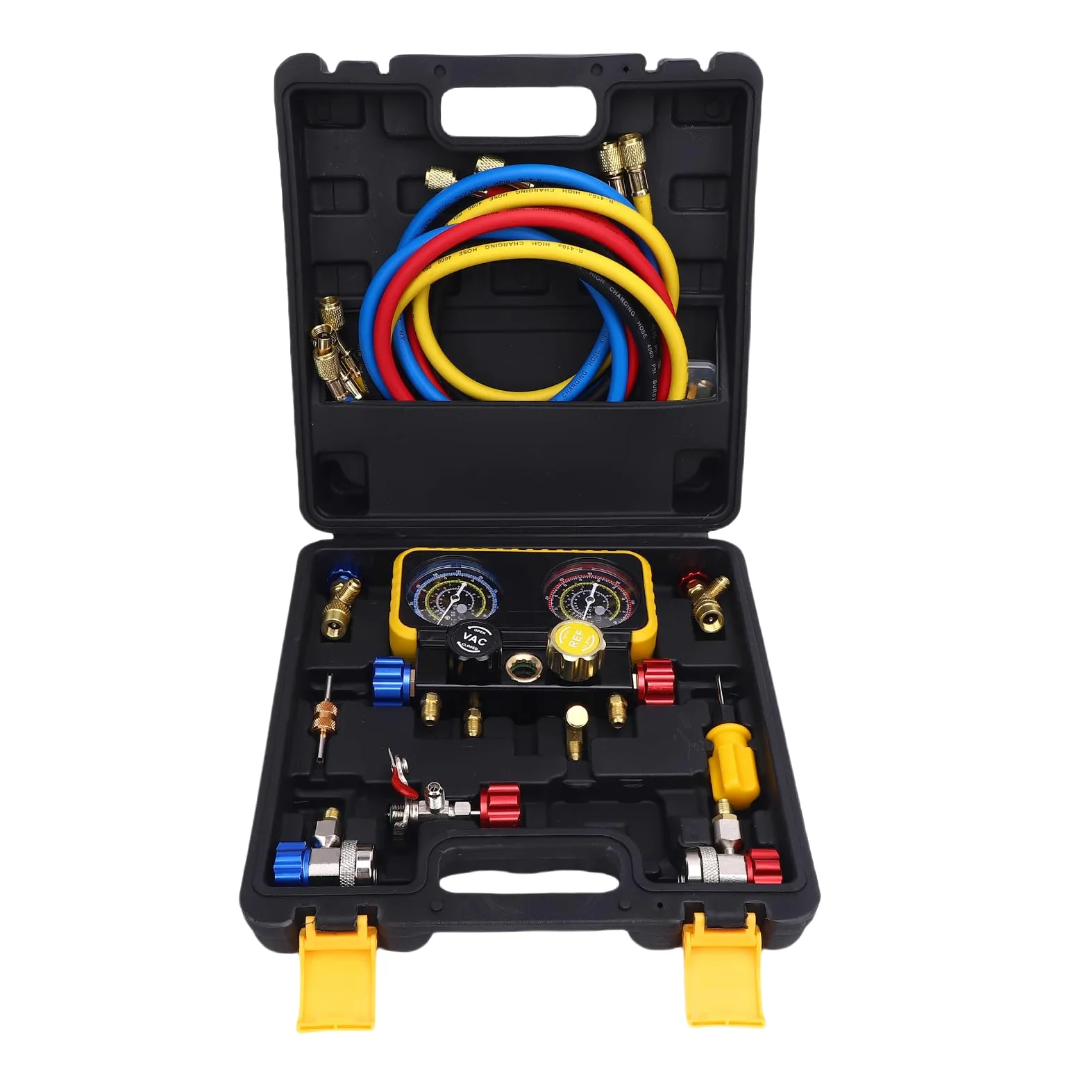 Acouto Manguetes de HVAC con Mangueras 4 Vías Manifold Latón Conjunto Servicio Pesado para el Reemplazo Refrigerantes Válvulas Seguridad Medidor Flujo Herramienta