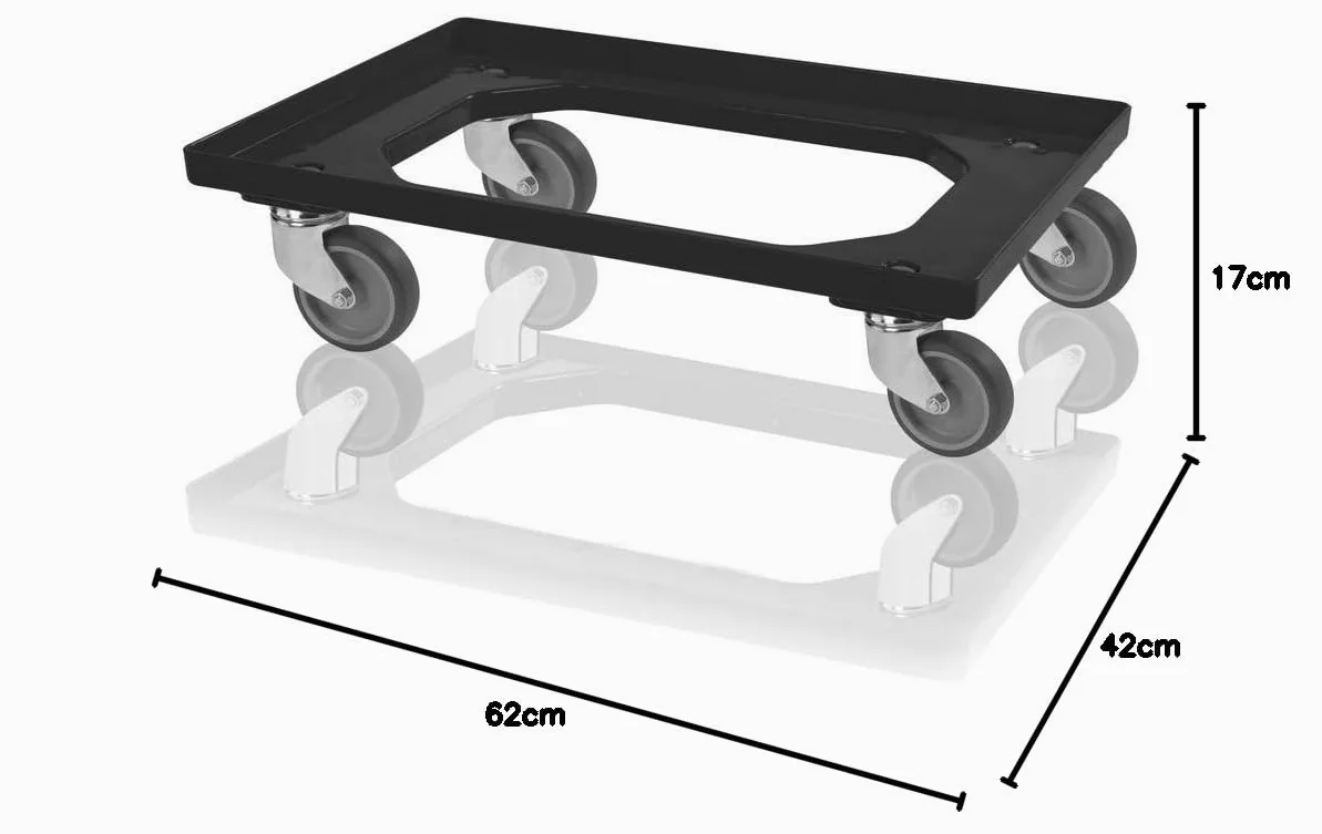Patinete de transporte negro para contenedor europeo 60 x 40 con ruedas de goma