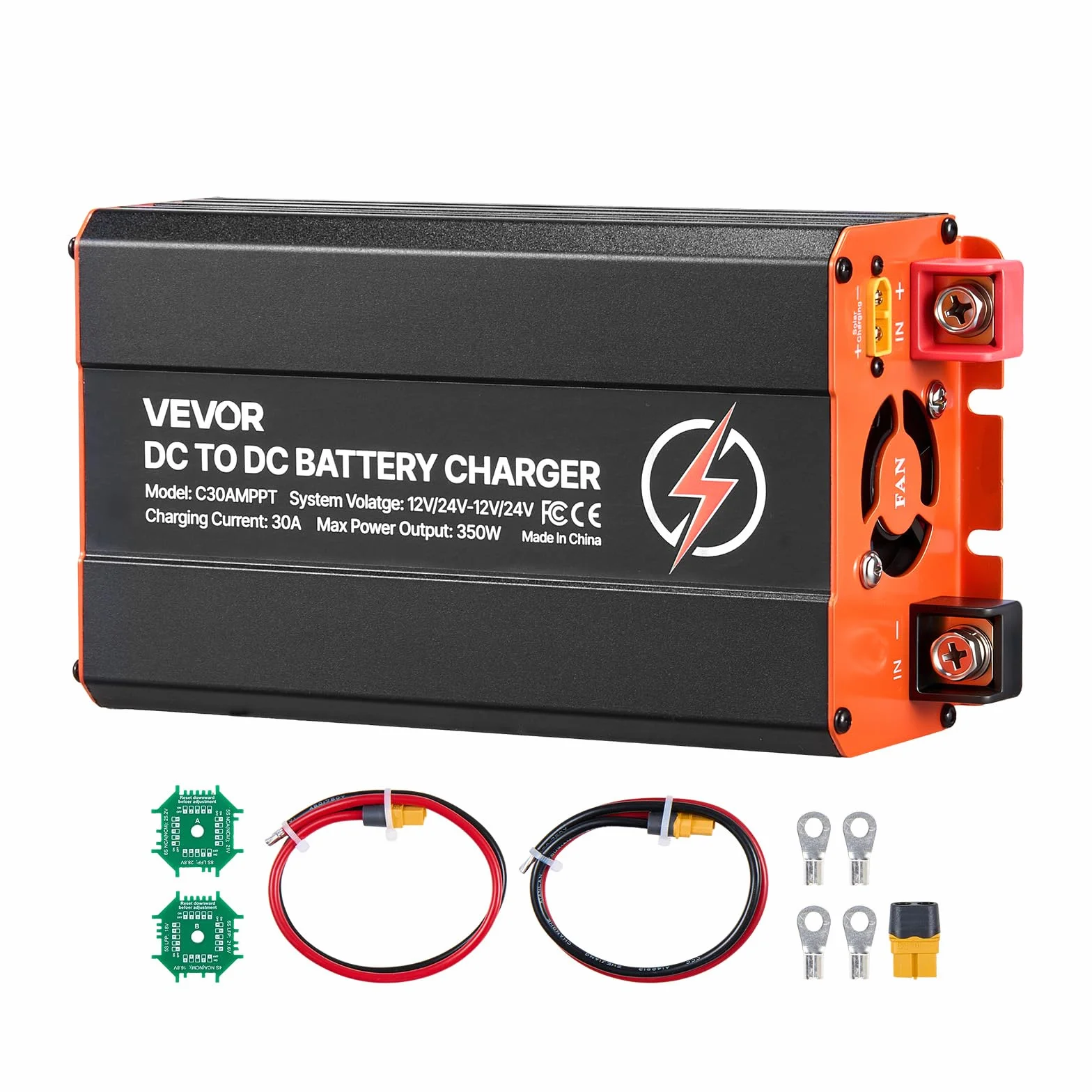 VEVOR Cargador de Batería CC a CC con MPPT, 350 W, Cargador de Batería Integrado de 30 A, Entrada Dual para Panel Solar/Alternador, para Baterías de Plomo-ácido LiFePO4, 12 V/24 V - 12 V/24 V