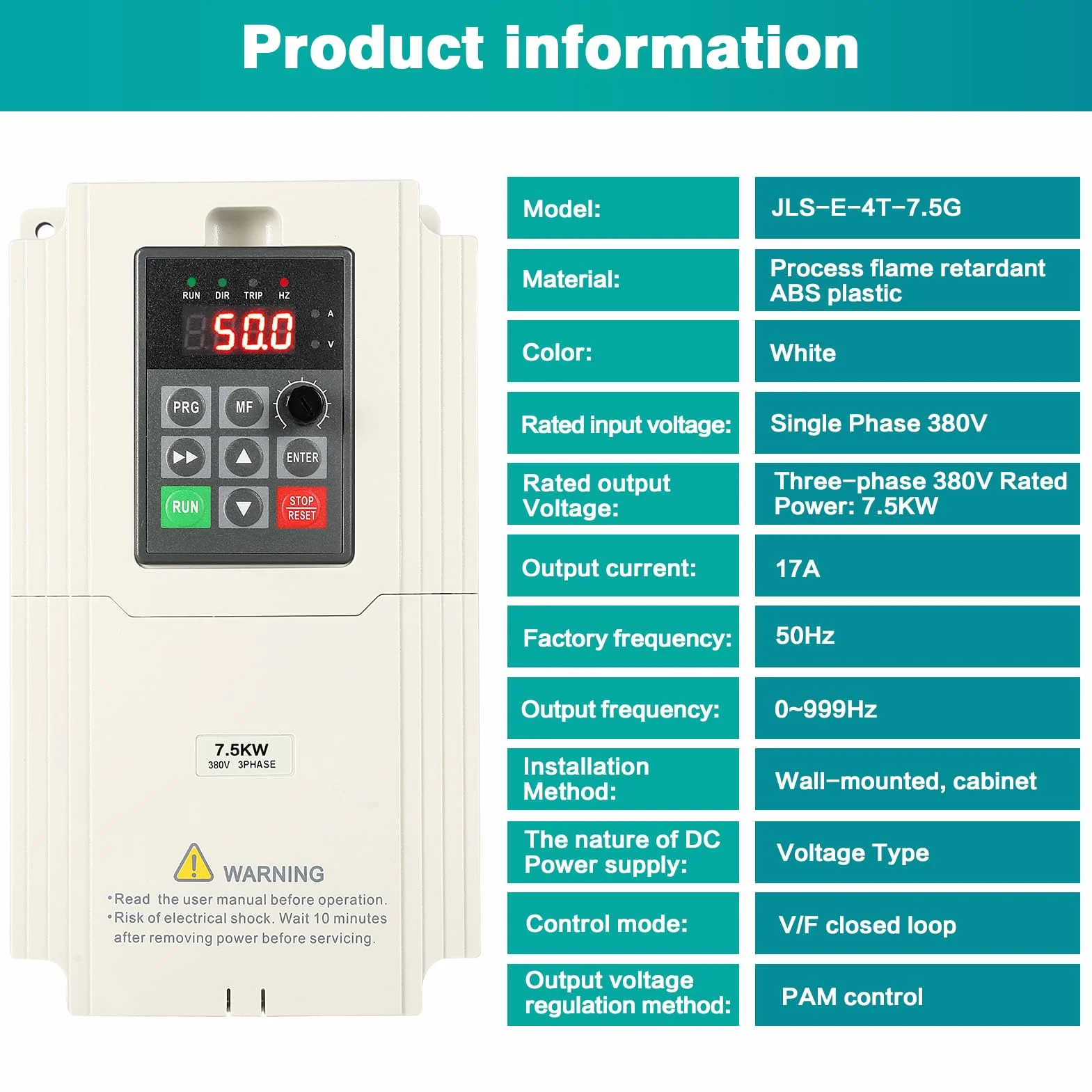 7.5KW Variador de Frecuencia Trifasico 380V VFD Trifásico Entrada Salida 380V Convertidor de frecuencia en máquinas herramienta CNC Trifásicas Trituradoras etc (con cable de extensión)