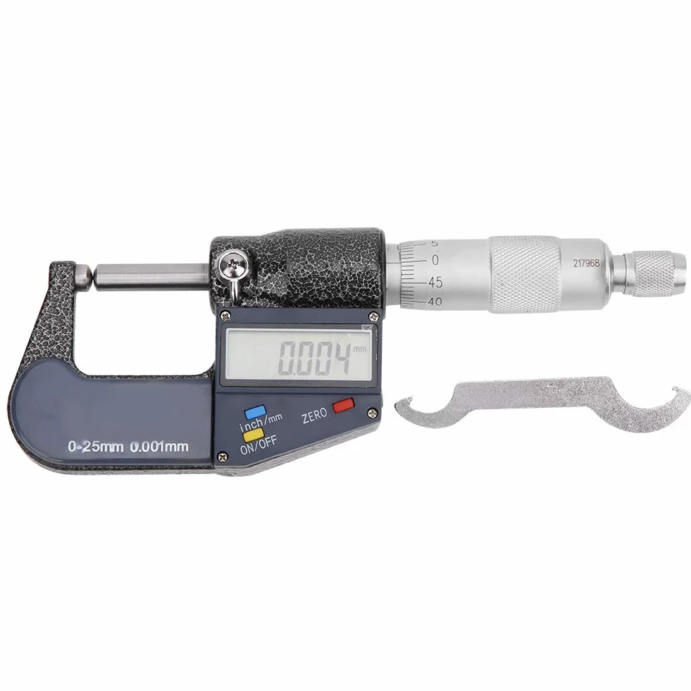 Micrómetro, Micrómetro Doble Cabeza Redonda Digital Acero Inoxidable con Llave, Rango 025mm Resolución Métrica 0.001mm/0.0005in, Micrómetros Exteriores