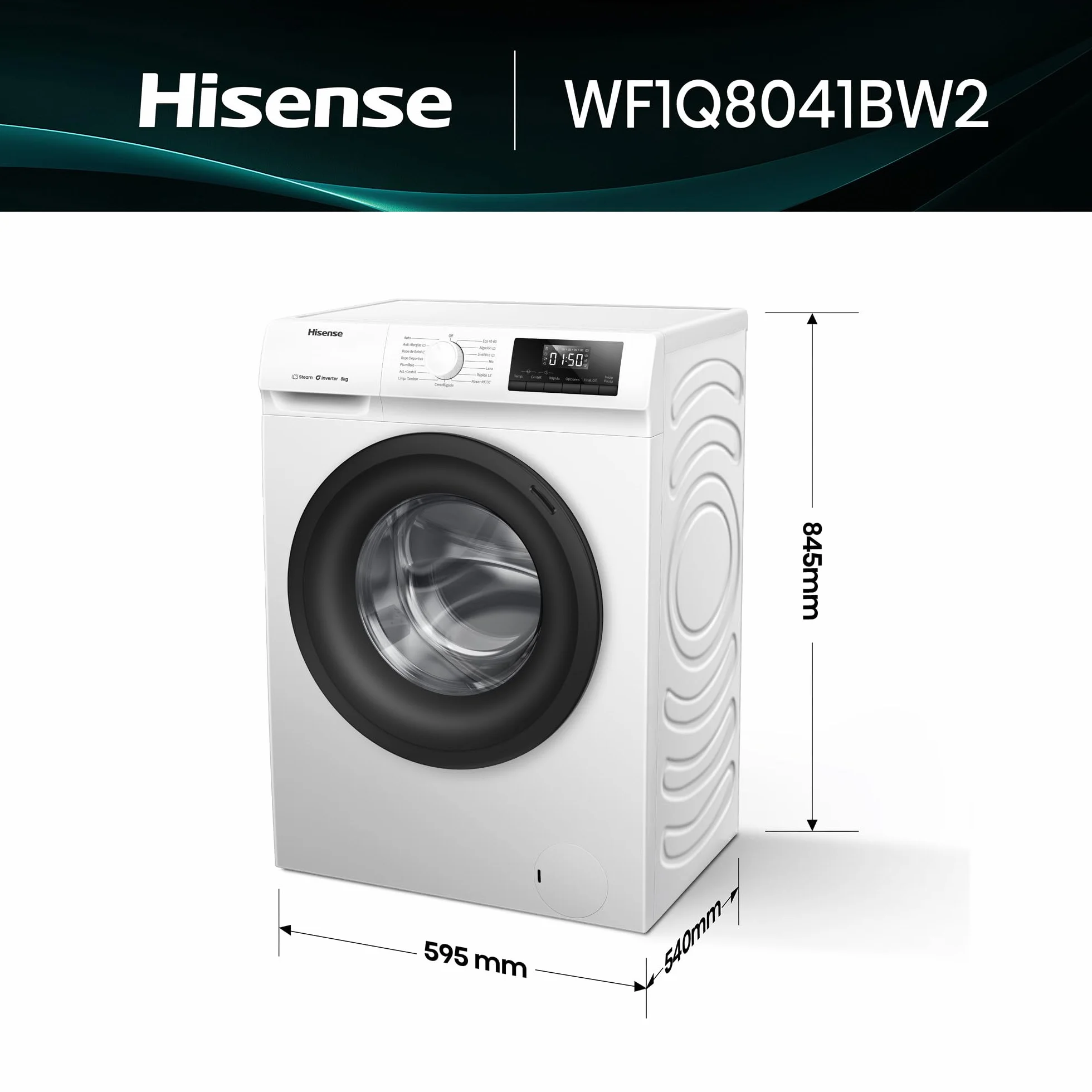 Hisense Lavadora 8 Kg 1400 rpm Clase A 85x60 cm Blanco Vapor 99,9% Inverter
