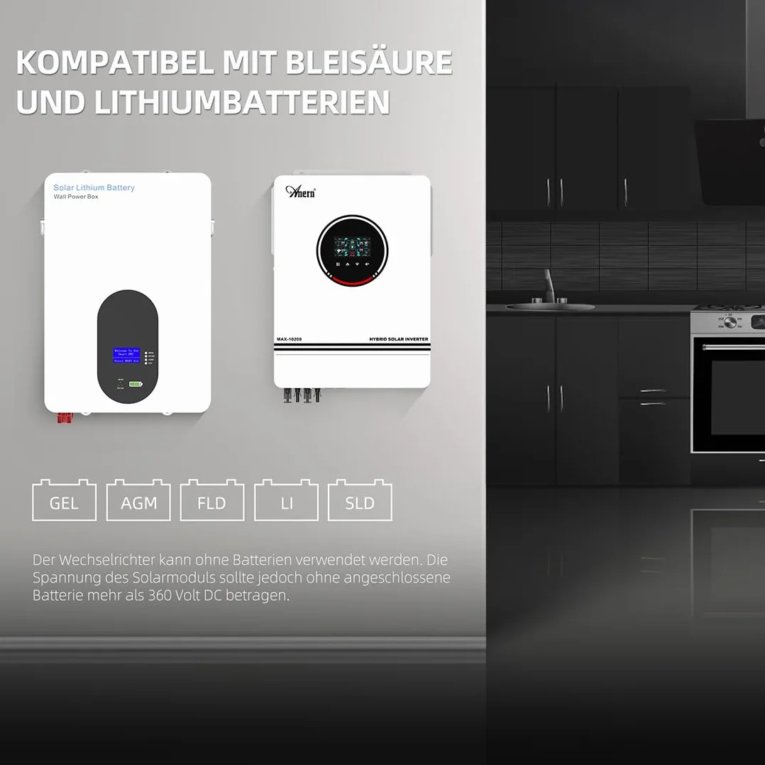 10.2KW Inversor Solar Híbrido DC48V a AC230V Inversor Off-Grid de Onda Senoidal Pura con Cargador Solar MPPT 160A MAX PV 500W DC90-450V Entrada Trabajo con Plomo-ácido y Batería de Litio