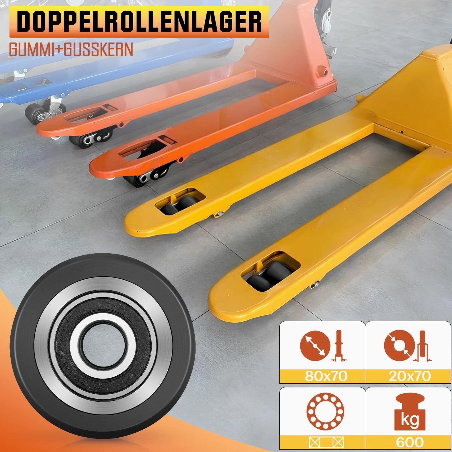 4 pieza Ruedas de Transpaleta, Ruedas de Goma 80 x 70 mm, con Rodamientos de Bolas | Eje de 20 mm | Diámetro de 80 mm | Ancho de 70 mm | Carga máxima 2400 kg