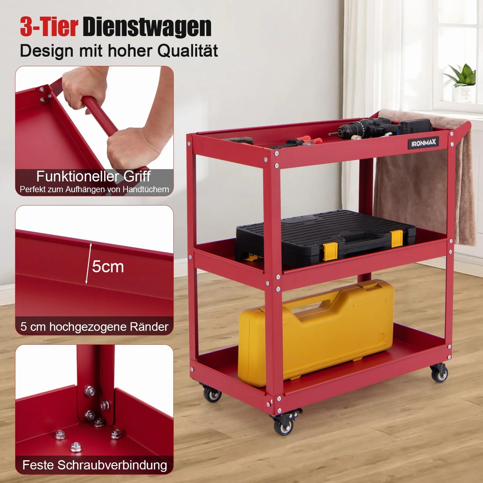 FANTASK Carro de Taller con Ruedas de 3 Niveles, Carro de Taller con 4 Ruedas universales y asa, Carro de Herramientas de Metal, Carro de Montaje, 120 kg, Carga para Garaje, hogar, almacén, 73 x 36 x