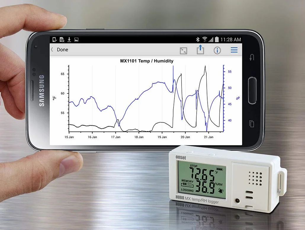 Onset HOBO MX1101 Registrador de datos de temperatura/humedad relativa de Onset HOBO