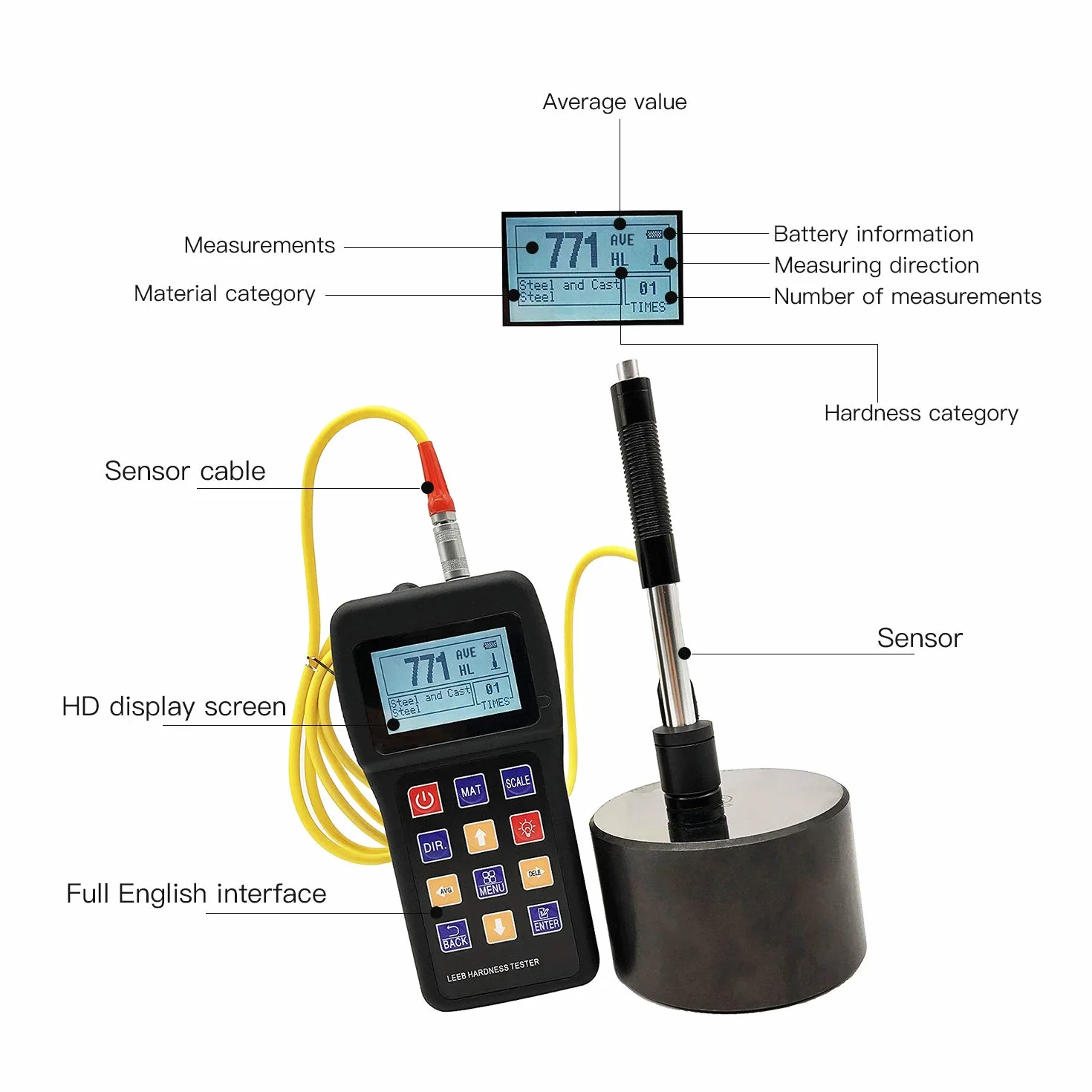 Medidor de dureza para metales, instrumento de durómetro portátil con sensor de 170 a 960 HLD, bloque de prueba de dispositivo de impacto para pruebas precisas de metales
