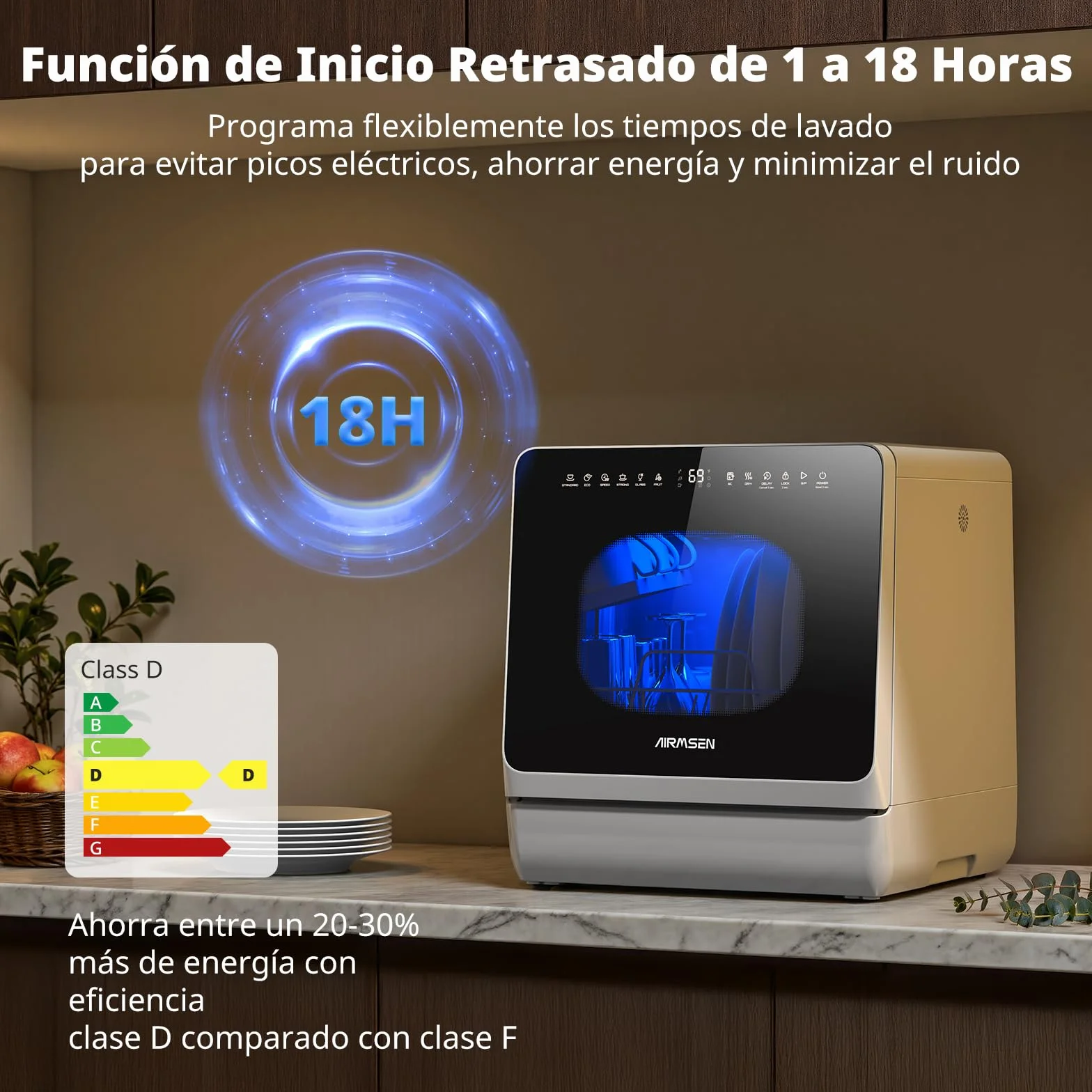 AIRMSEN Mini Lavavajillas Portátil 5L 8+3 Programas Inicio Diferido 1-18h Ablandador Agua Bloqueo Infantil