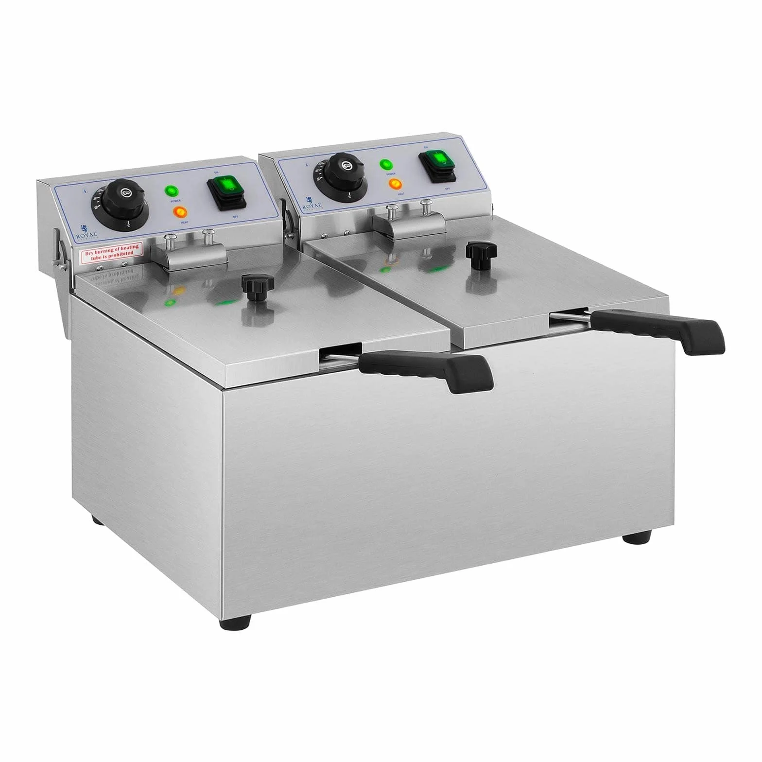 Royal Catering Freidora Electrica Profesional Doble Para Hostelería RCEF 08DB (2 x 8 Litros, Potencia 2 x 3.200 Watt, Temperatura: 50 – 200 °C, Zona Fría, Tapas Incluidas)