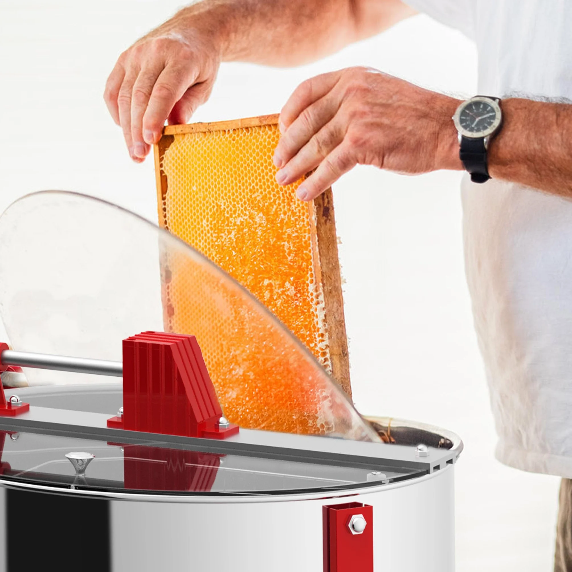 ACXIN Centrifugadora de miel de acero inoxidable, 4 panales, diámetro de 48 cm, extractor de miel manual para apicultores aficionados y profesionales, patas ajustables, 15-20 kg, capacidad de 15 – 20
