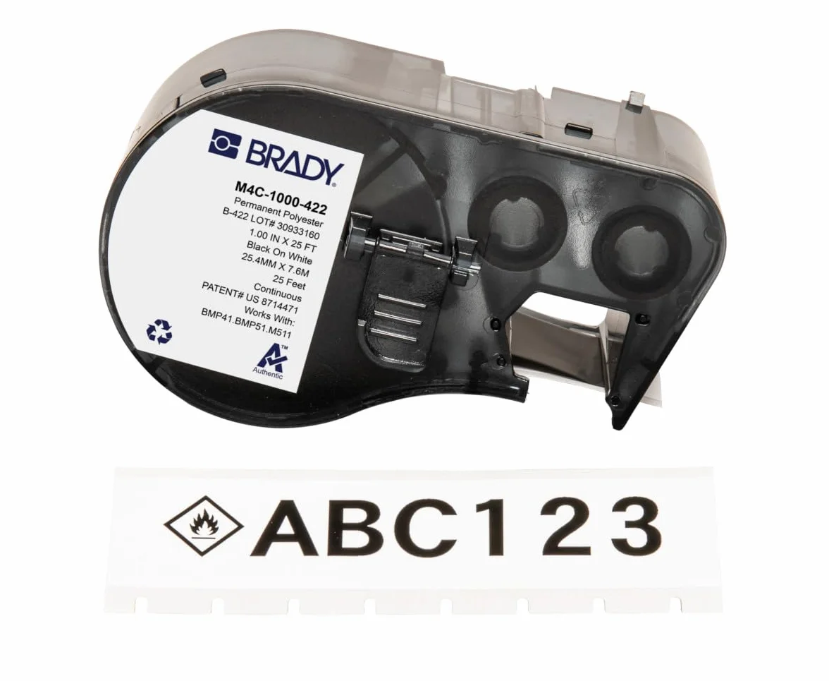 Brady Cinta de etiquetas de poliéster M4C-1000-422 para impresoras M410 y M510 - Negra sobre blanco 25,40 mm x 7,62 m