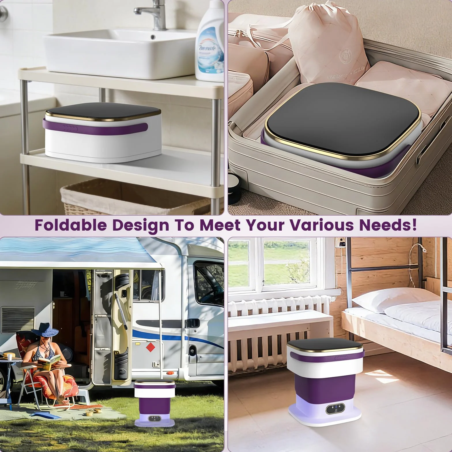 Lavadora Portátil Mejorada 15 Litros 3 Programas Lavado con Centrifugado Plegable Morado