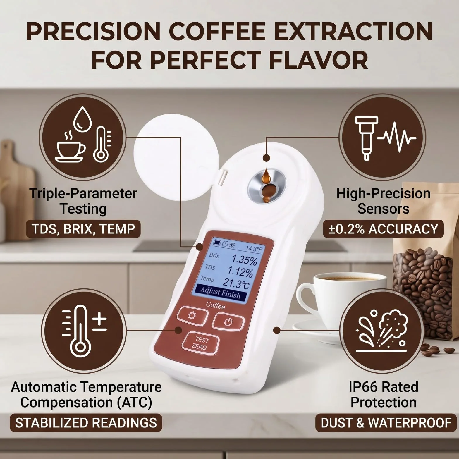 Garsent Refractómetro Digital TDS con Medidor ATC de café Brix 0-22% ±0,2% Recargable para Extracción de café, Probador de Triple Parámetro con Sensor de Alta Precisión, Temperatura Automática