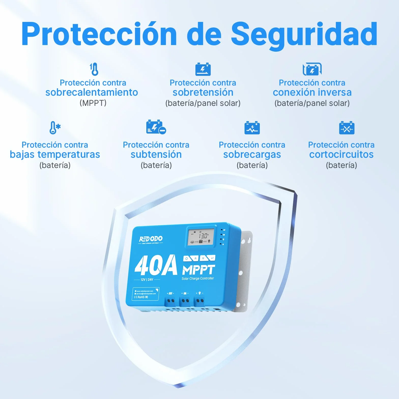 Redodo 40A MPPT 12V/24V Coche Entrada DC Controlador de carga solar con módulo Bluetooth incorporado, Parámetro ajustable Pantalla LCD Pantalla LED