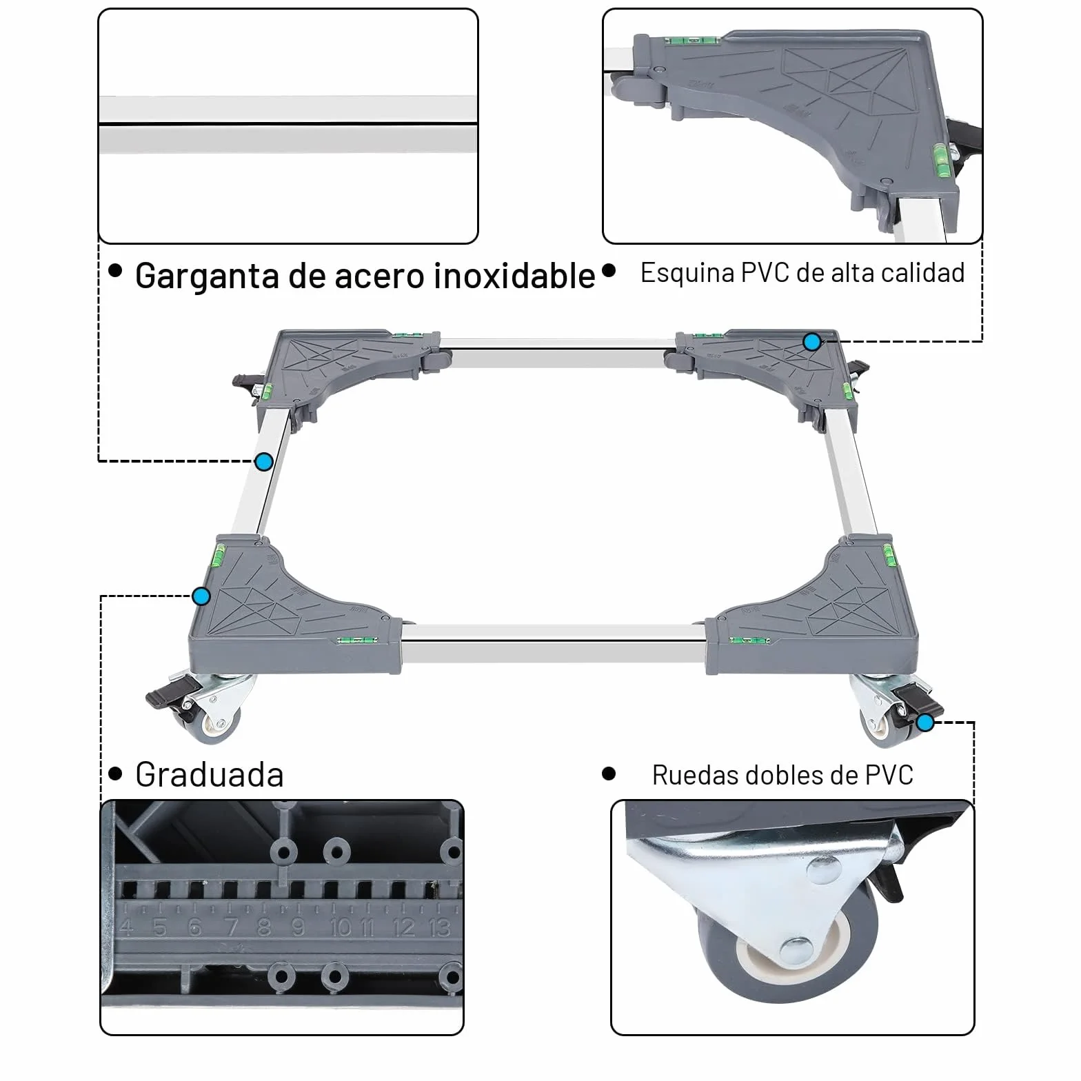 WEIBIDA Base con 4 Ruedas con Bloqueo Ancho Ajustable 40-62cm, Carga 200KG Soporte Lavadora, Plataforma con Ruedas