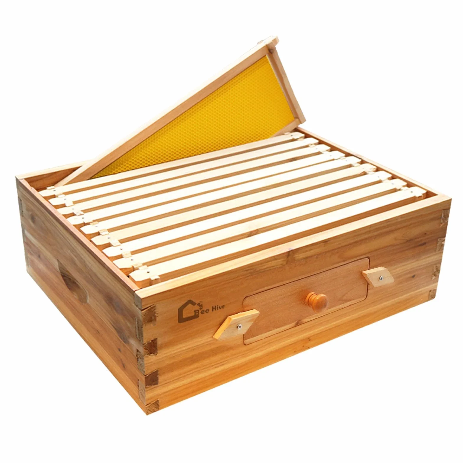 Set de inicio de colmena, caja de enjambre con 10 panales medianos, colmena de madera maciza con marcos de madera y base encerada, caja de colmena sostenible para apicultura, colmena con ventanas