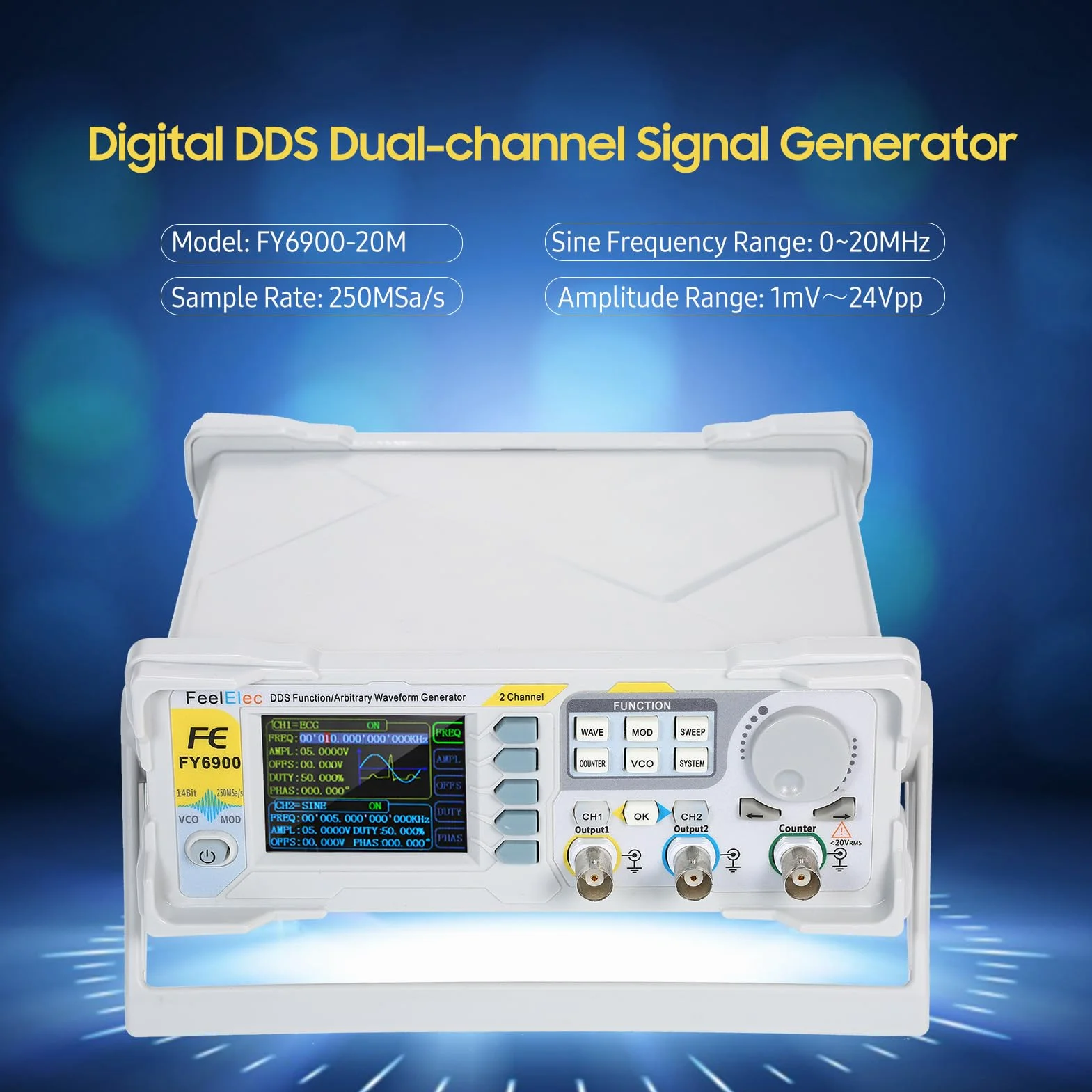 Ejoyous Generador de Señal DDS de 60MHz Generador de Forma de Onda Arbitraria Generador de Funciones con 2.4 Pulgadas (Enchufe europeo FY6900-20M)