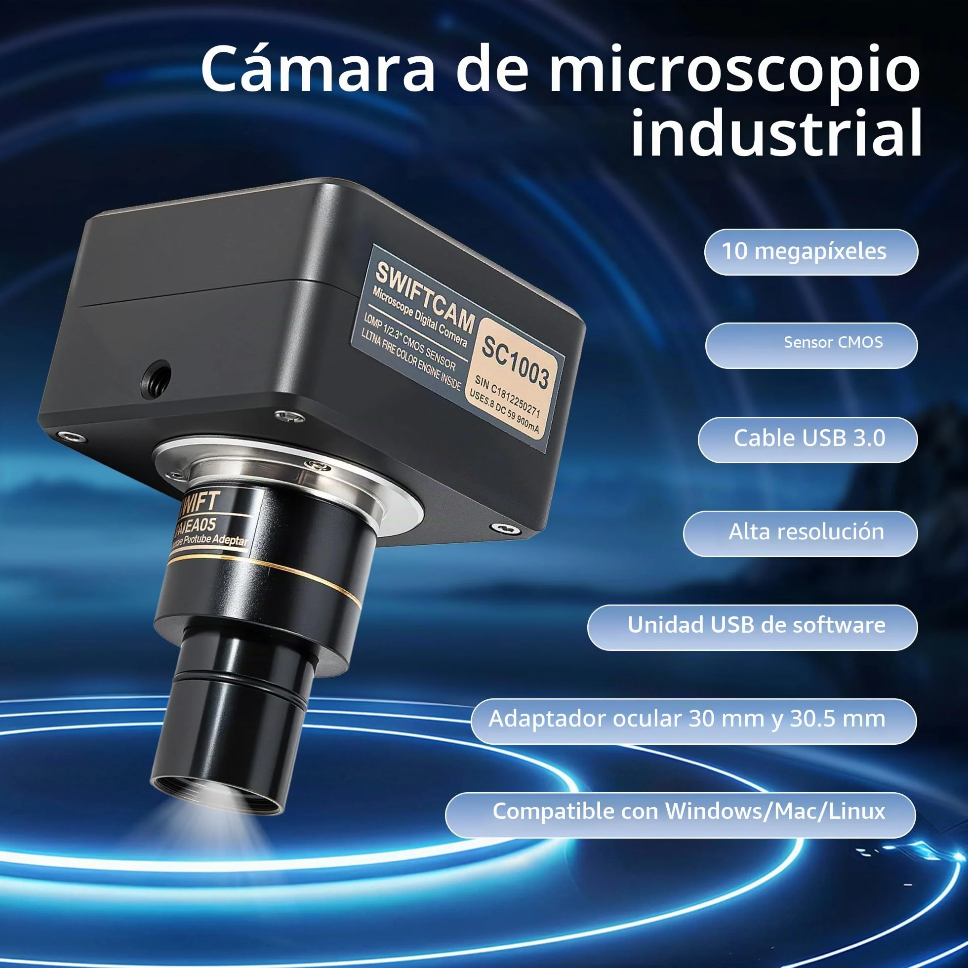 SWIFT Swiftcam - Cámara 10 MP para microscopios con objetivo reductor, kit calibración, adaptadores ojos, cable USB 3.0 SC1003-CK