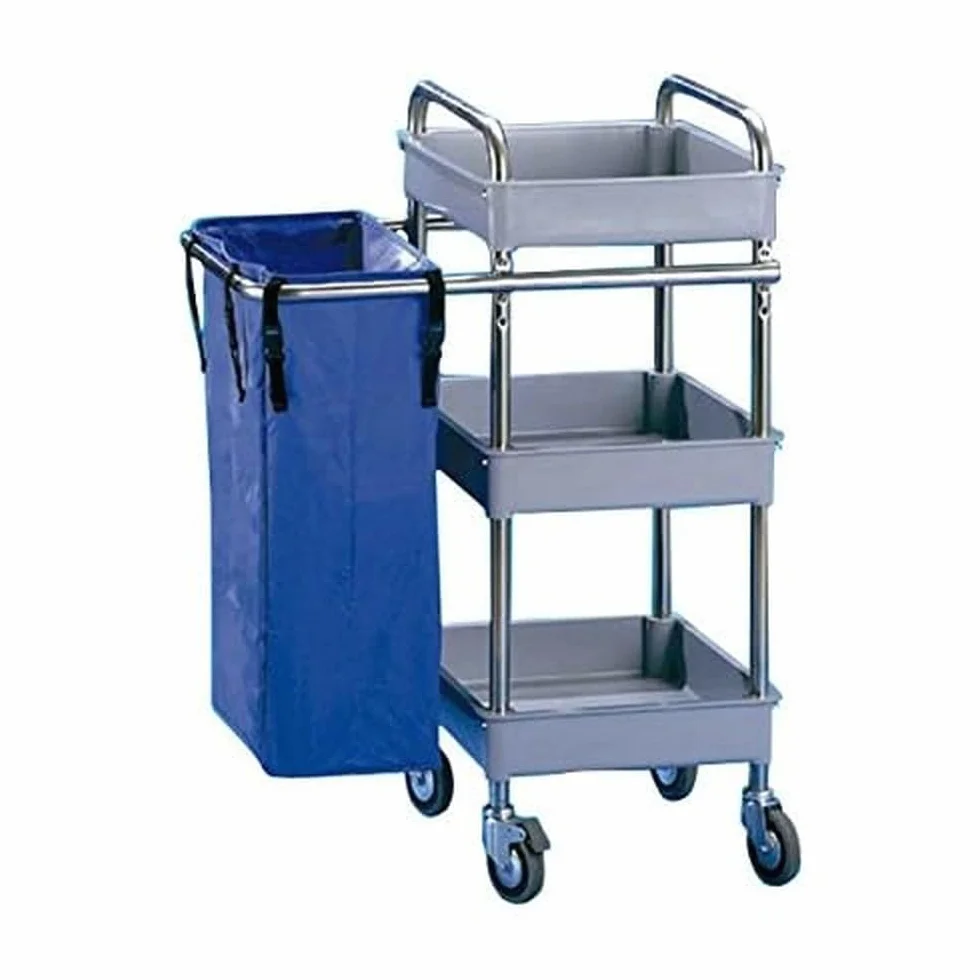 Jofel - AL50350, Carro Camarera Metálico, 3 Bandejas Pequeñas y 1 Bolsa Lateral, Totalmente Desmontable, Para Horeca, Hoteles, Geriátricos, Residencias, Hospitales, Clínicas