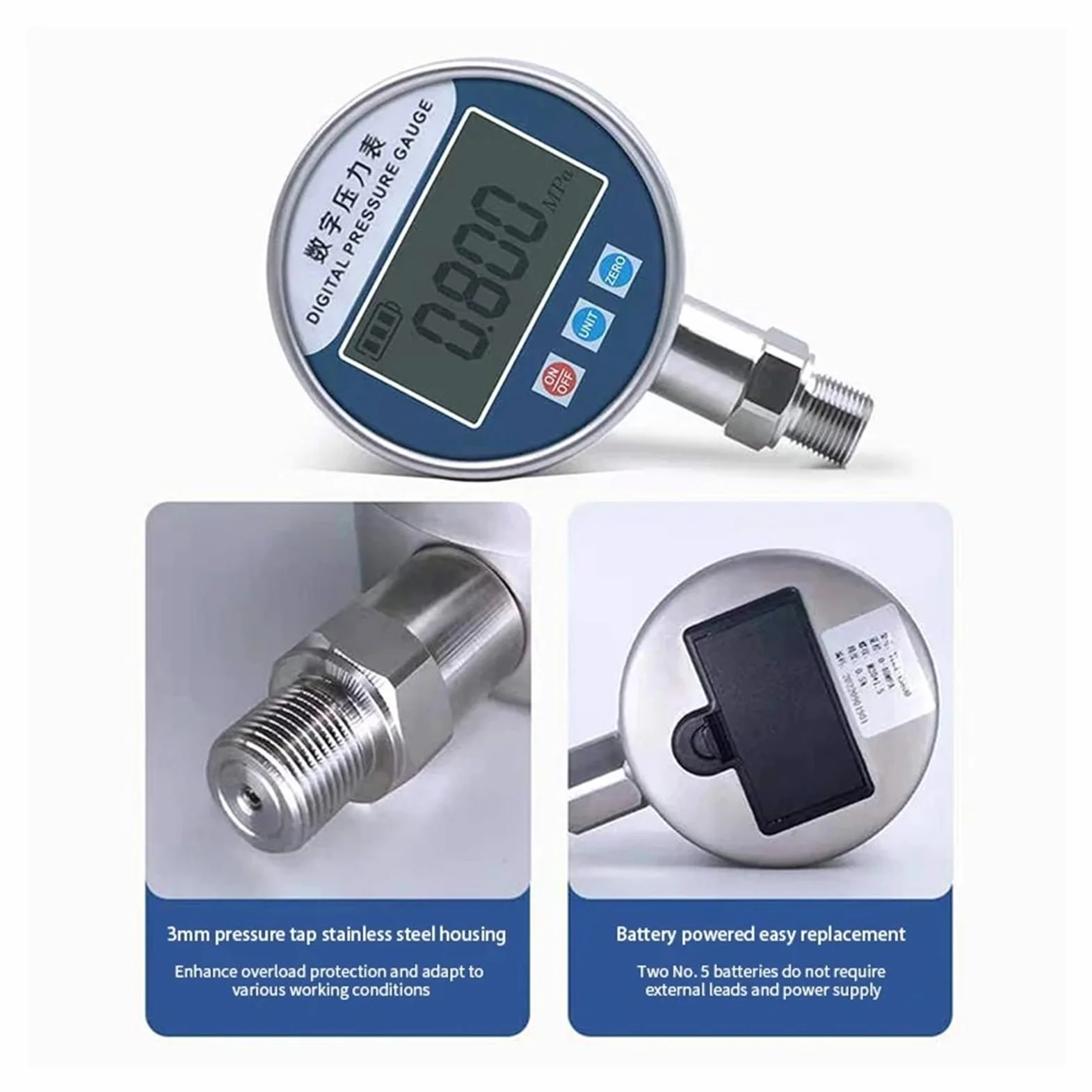 Manómetro electrónico Pantalla Digital LCD de esfera de 60 mm, Manómetro de presión negativa de vacío hidráulico Manómetro de presión de aceite de agua(0-6Mpa)