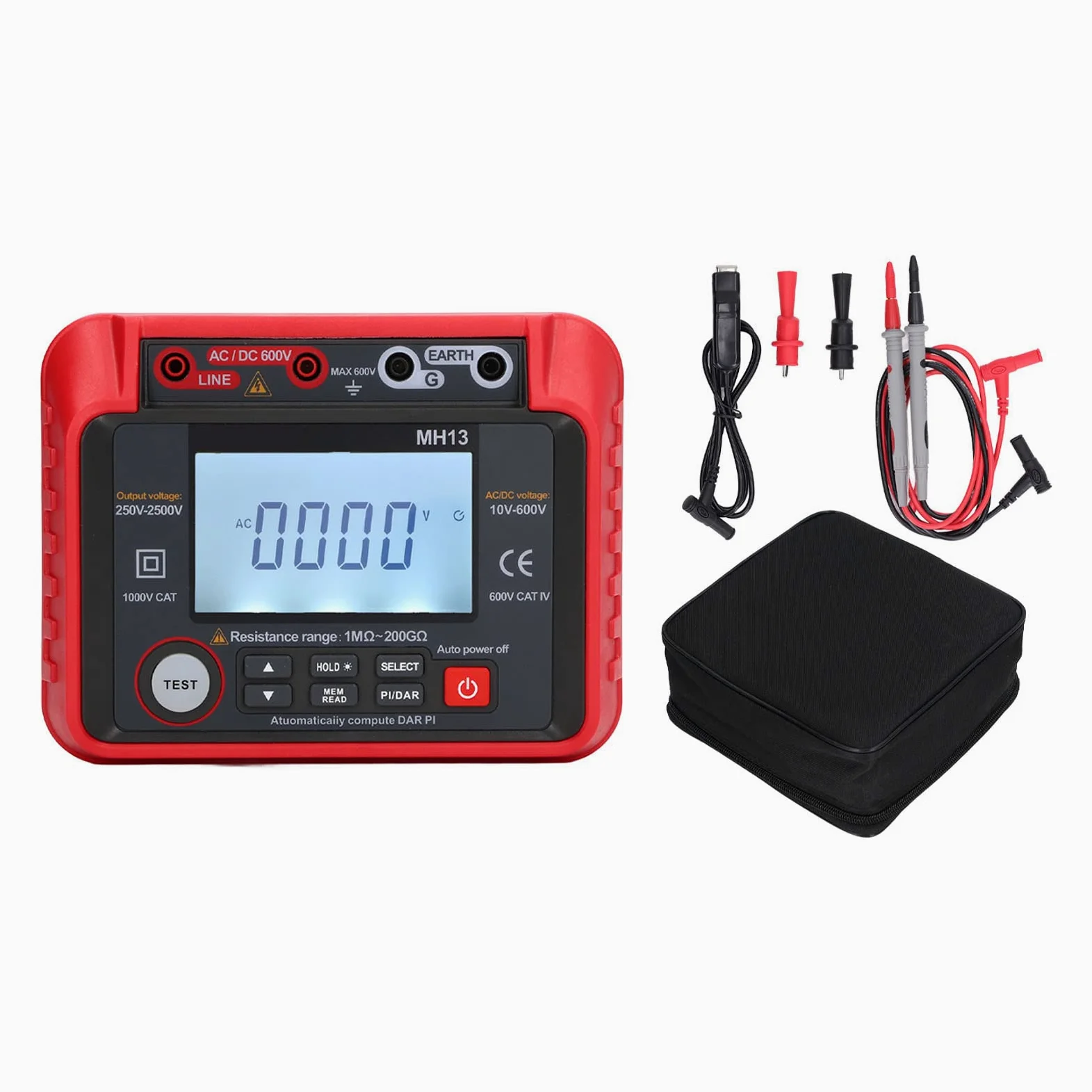 Herramienta de prueba eléctrica portátil - Probador digital de ohmios para pruebas de descarga - Medidor de resistencia de aislamiento y megóhmetro para medición de voltaje CA y