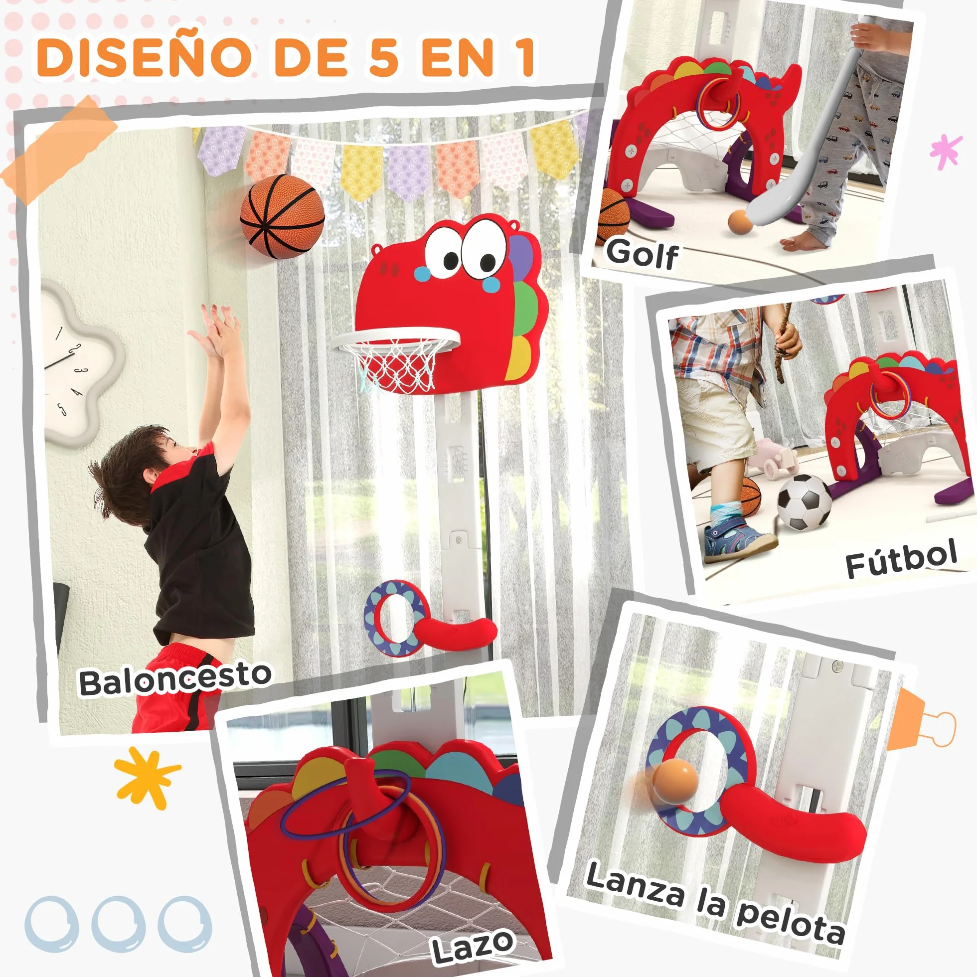 AIYAPLAY Canasta de Baloncesto Infantil 5 en 1 Altura Ajustable con Fútbol Golf Lazo Juego de Lanzamiento de Pelota Rojo