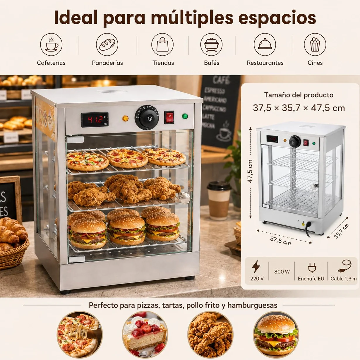 800 W - Vitrina para mantener el calor (3 niveles, 30-85 ℃, con función termostática, 220 V, 37,5 x 35,7 x 47,5 cm)