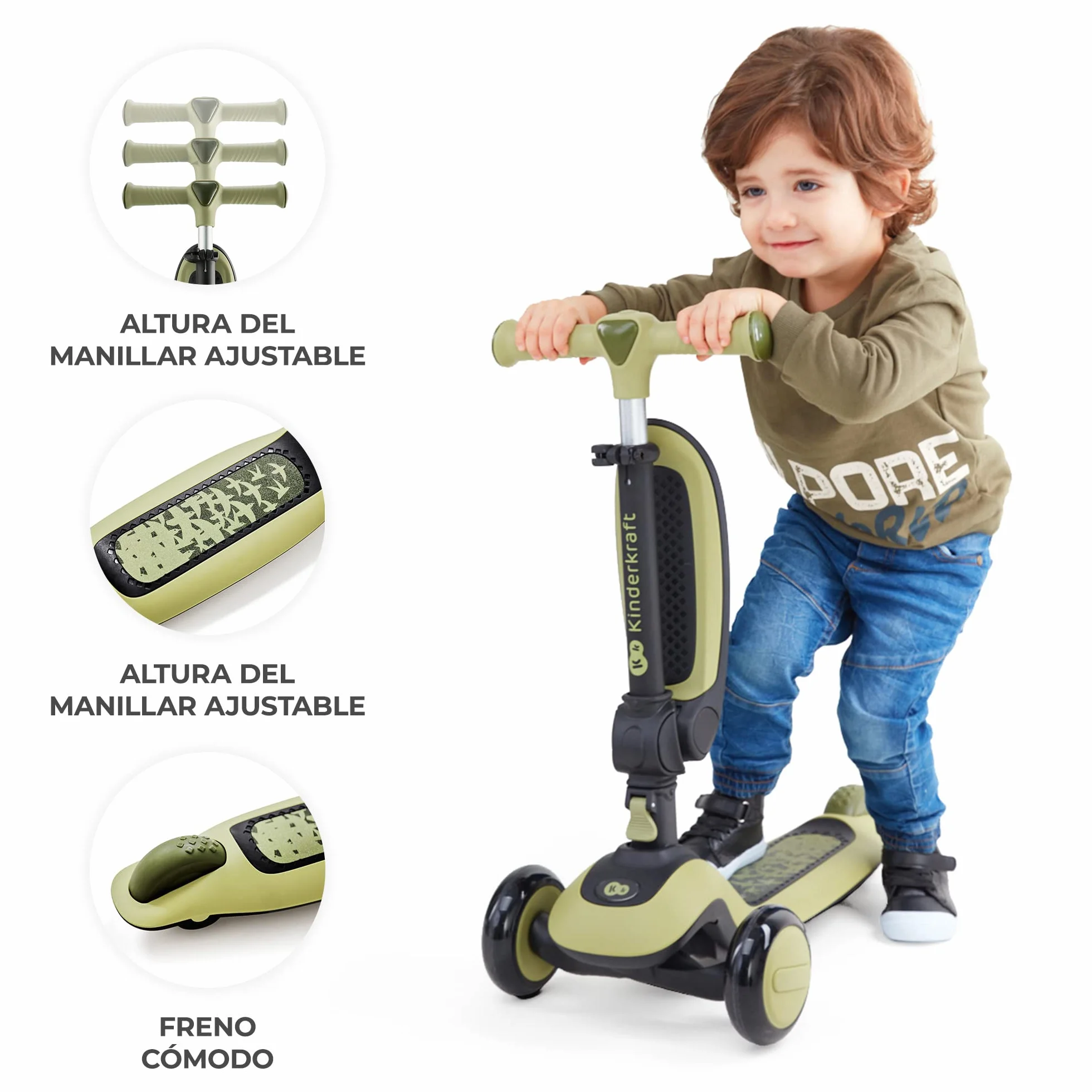 Kinderkraft Halley Patinete 2 en 1 Ajustable Triciclo 3 Ruedas LED Verde