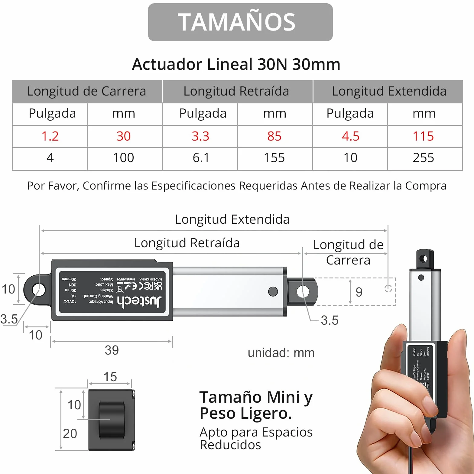 Justech Actuador Lineal 30mm 12V 30N Aleación de Aluminio