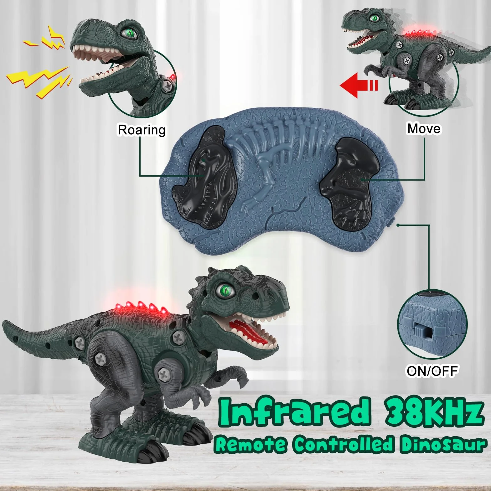 Buoeuik Dinosaurio Control remoto Taladro eléctrico DIY Construcción RC Dino Robot con sonido y luz Juguete educativo 3-8 años