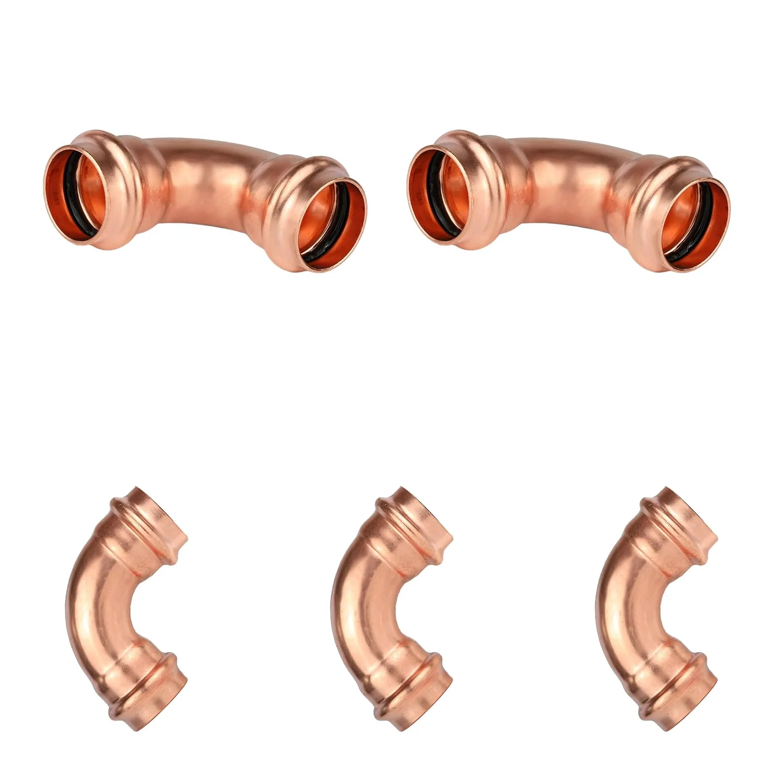Paquete de 5 Codos de Cobre de 90 Grados Foskan de 1" x 1", conexión a presión, diseño LBP para tuberías de Cobre.