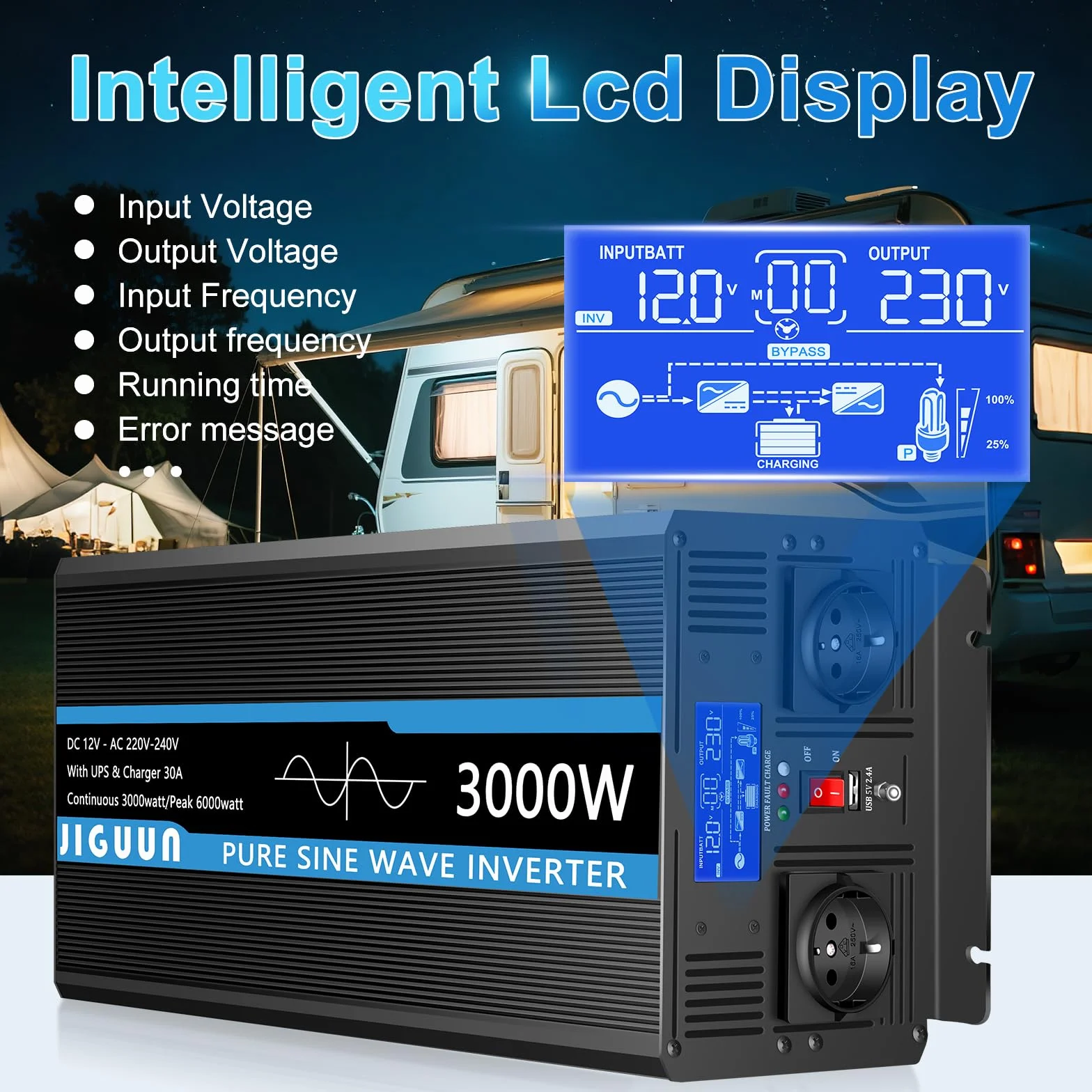 JIGUUN 3000W Inversor 12V 220V Onda Pura Inverter con Cargador 30A y Circuito Prioritario de Red y SAI，2 Tomas EU, Mando a Distancia Inalámbrico y Pantalla LCD Potencia Pico 6000W