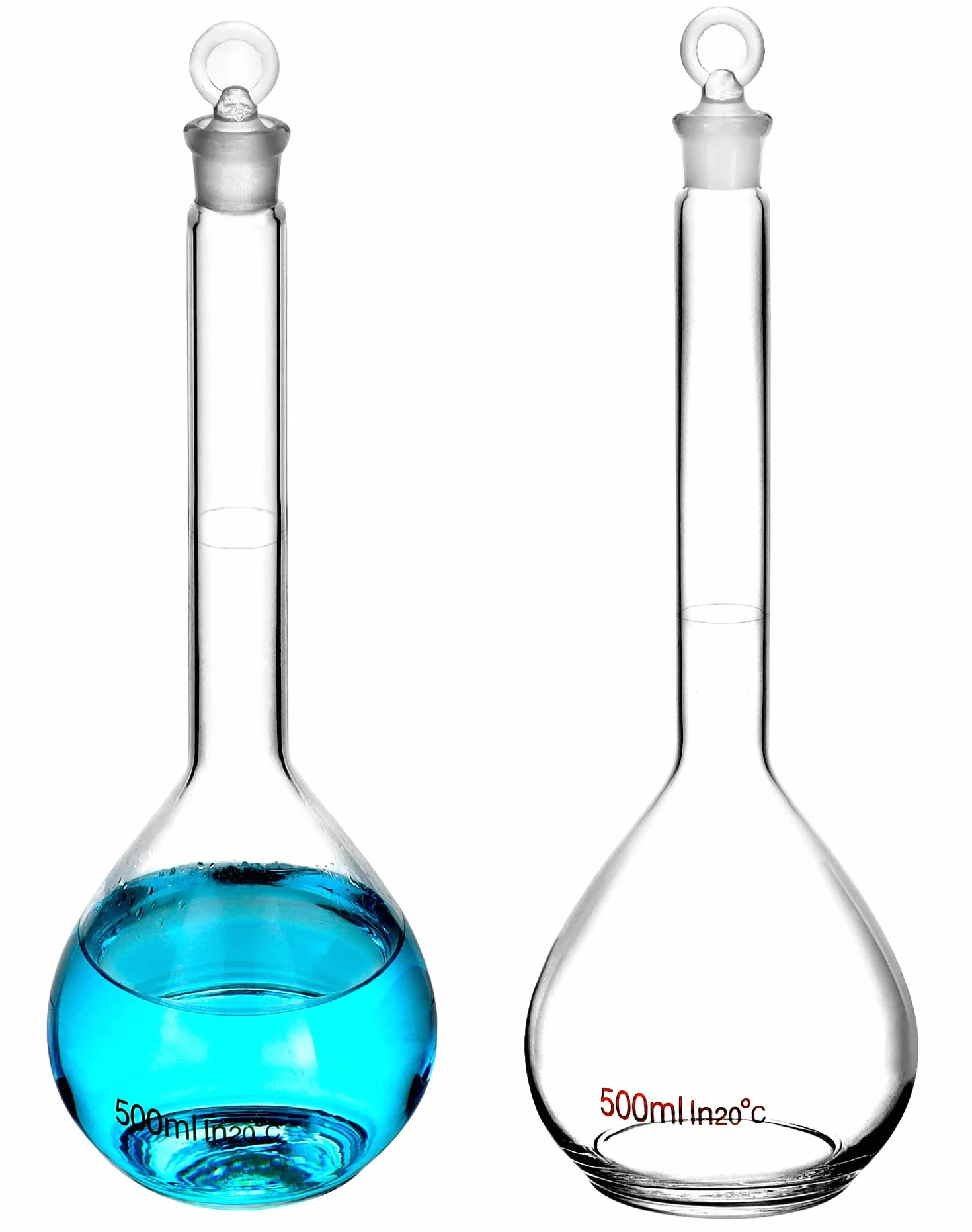 QWORK Frasco volumétrico de 500 ml con tapón de vidrio, vidrio de borosilicato alto 3.3, 2 unidades