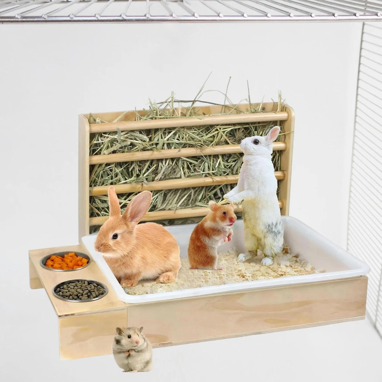 Comedero Exterior de para Conejos con Caja de Arena para Hámsters, Conejos Y Animales Pequeños