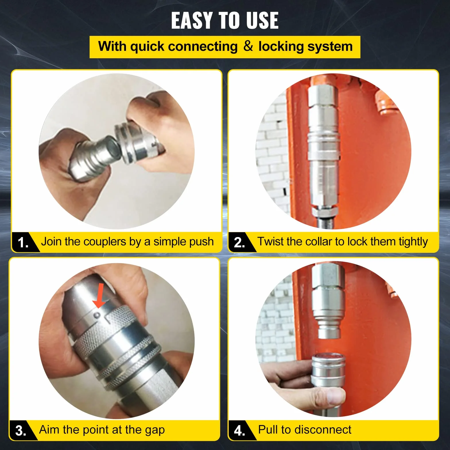 VEVOR Acoplamiento Hidráulico de Conexión Rápida 4 Kits Acoplamiento Hidráulico de Conexión Rápida Cuerpo 12,7 mm Rosca 1/2" NPT Acero Cara Plana Gran Caudal 45,5 L/min Conector para Línea