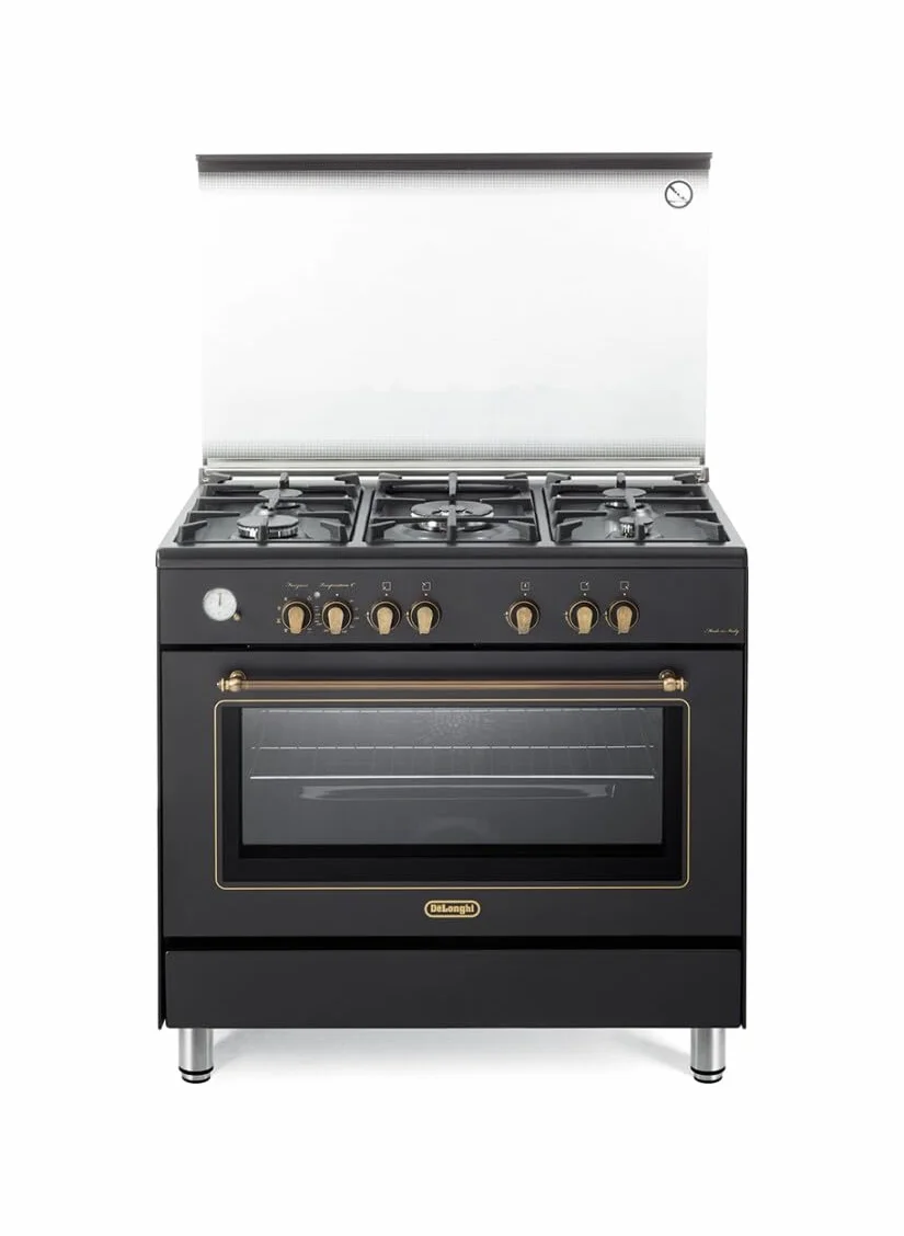 De'Longhi PEMA 965 CSG Cocina de gas 90 cm horno eléctrico multifunción 5 quemadores doble corona tapa de cristal negro clase A