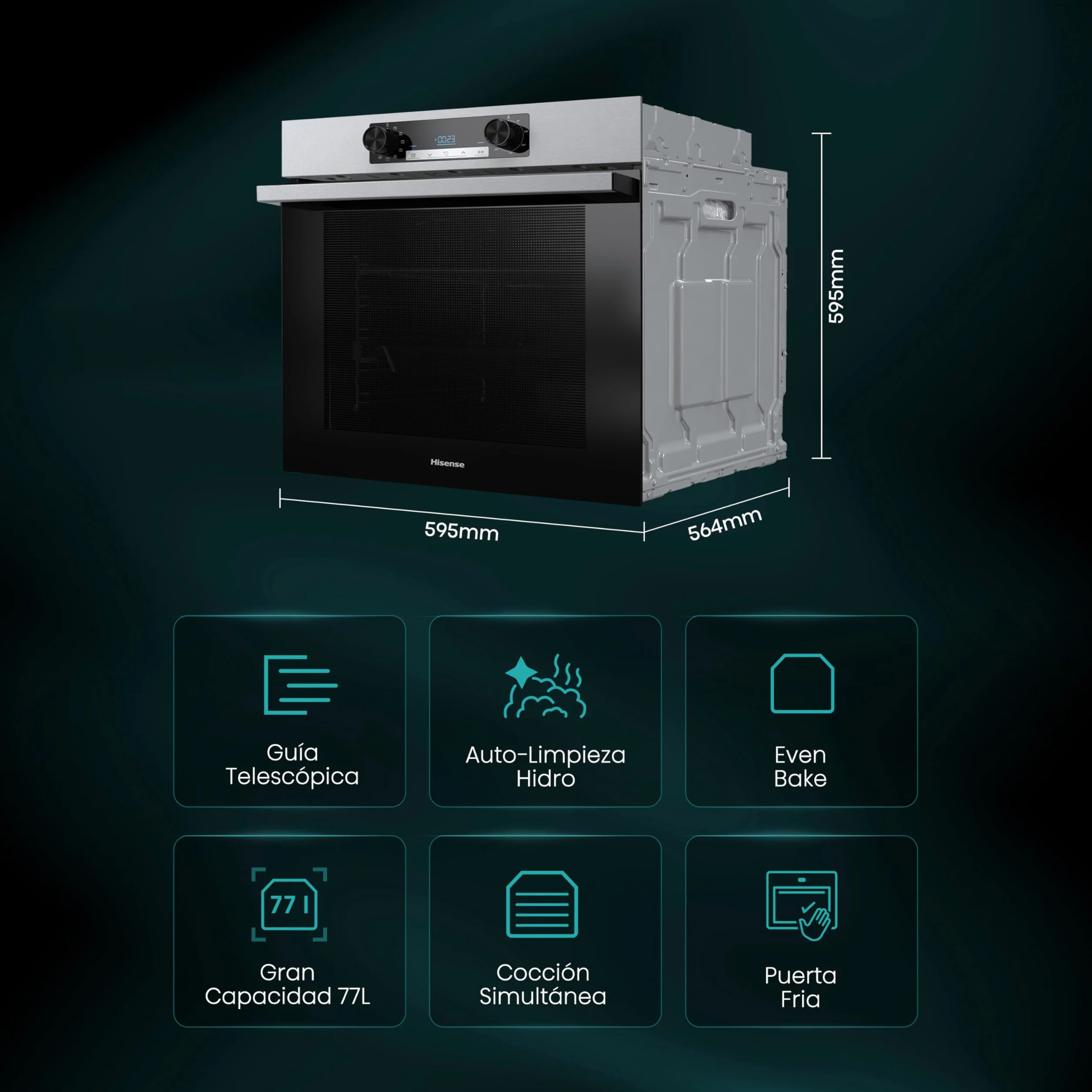 Hisense Horno Hidrolítico 77L Clase A Guía Telescópica Doble Grill Inox