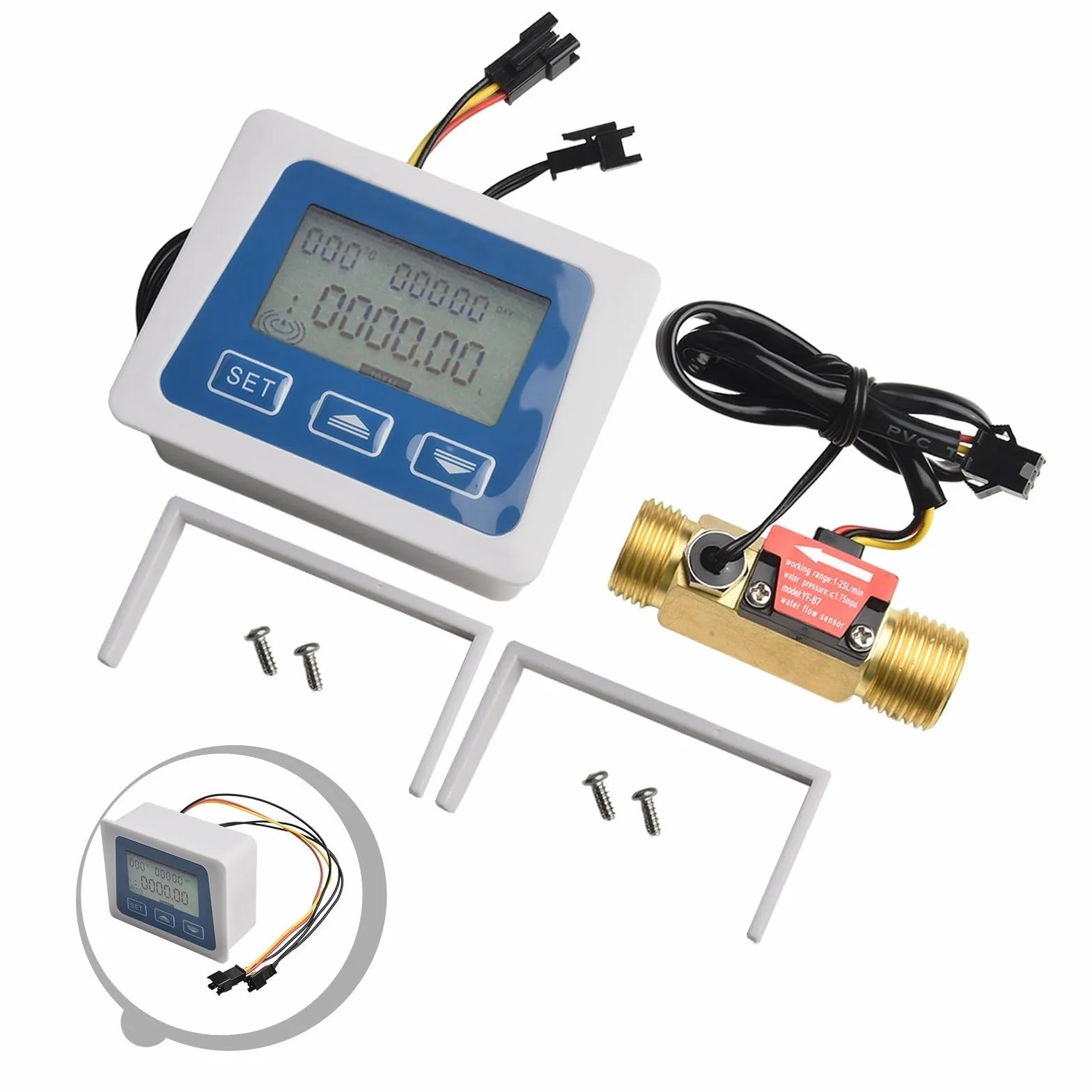 Medidor de flujo digital pantalla LCD sensor agua combustible 1-25 l/min rosca G1/2 CC 3.5-24 V monitor temperatura volumen total