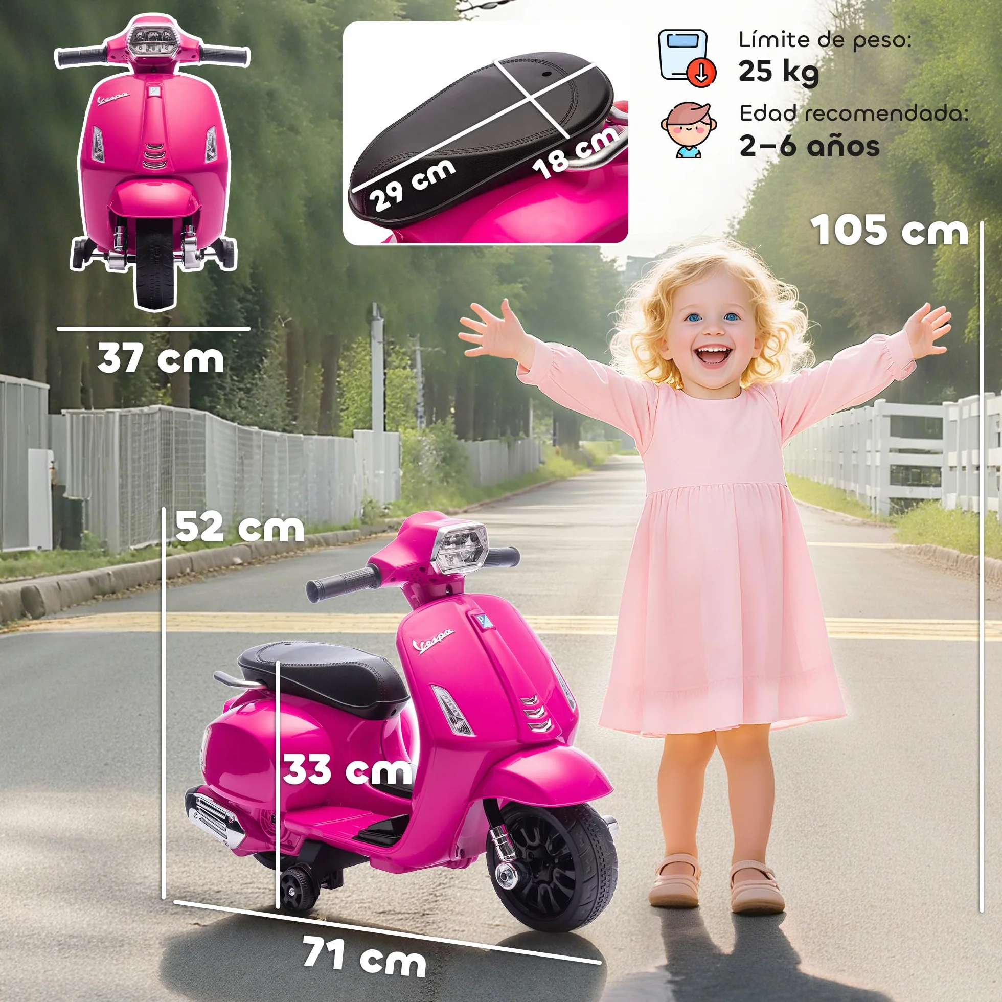 AIYAPLAY Moto Eléctrica para Niños 6V Vespa Licencia, Ruedas Auxiliares 6,9'', 2,5km/h, Faro Bocina, 2-6 Años Rosa