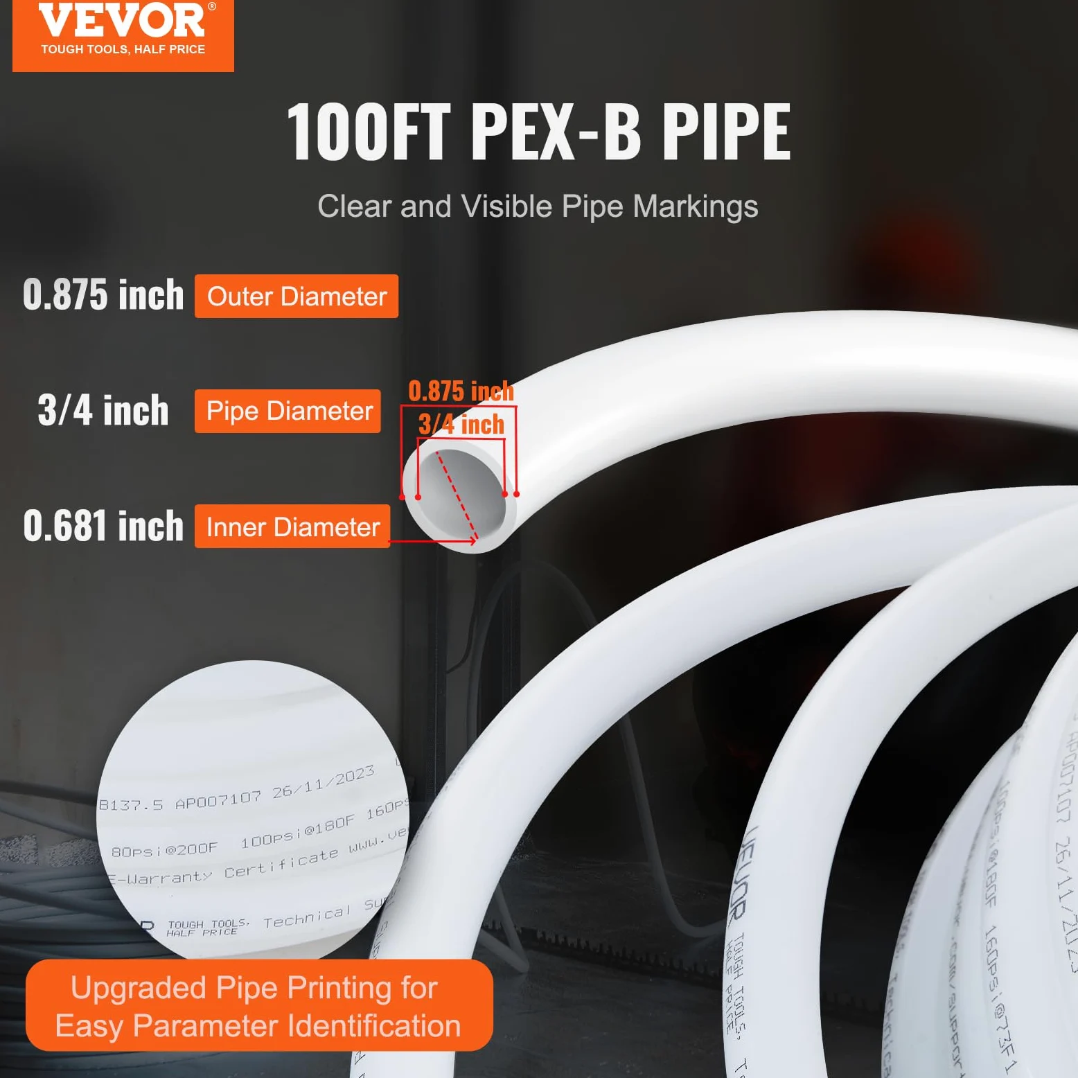 VEVOR PEX Pipe - Tubo flexible de 3/4 pulgadas, barrera sin oxígeno de 100 pies PEX-B para agua potable, para agua caliente/fría y restauración fácil, aplicaciones de fontanería con cortador y