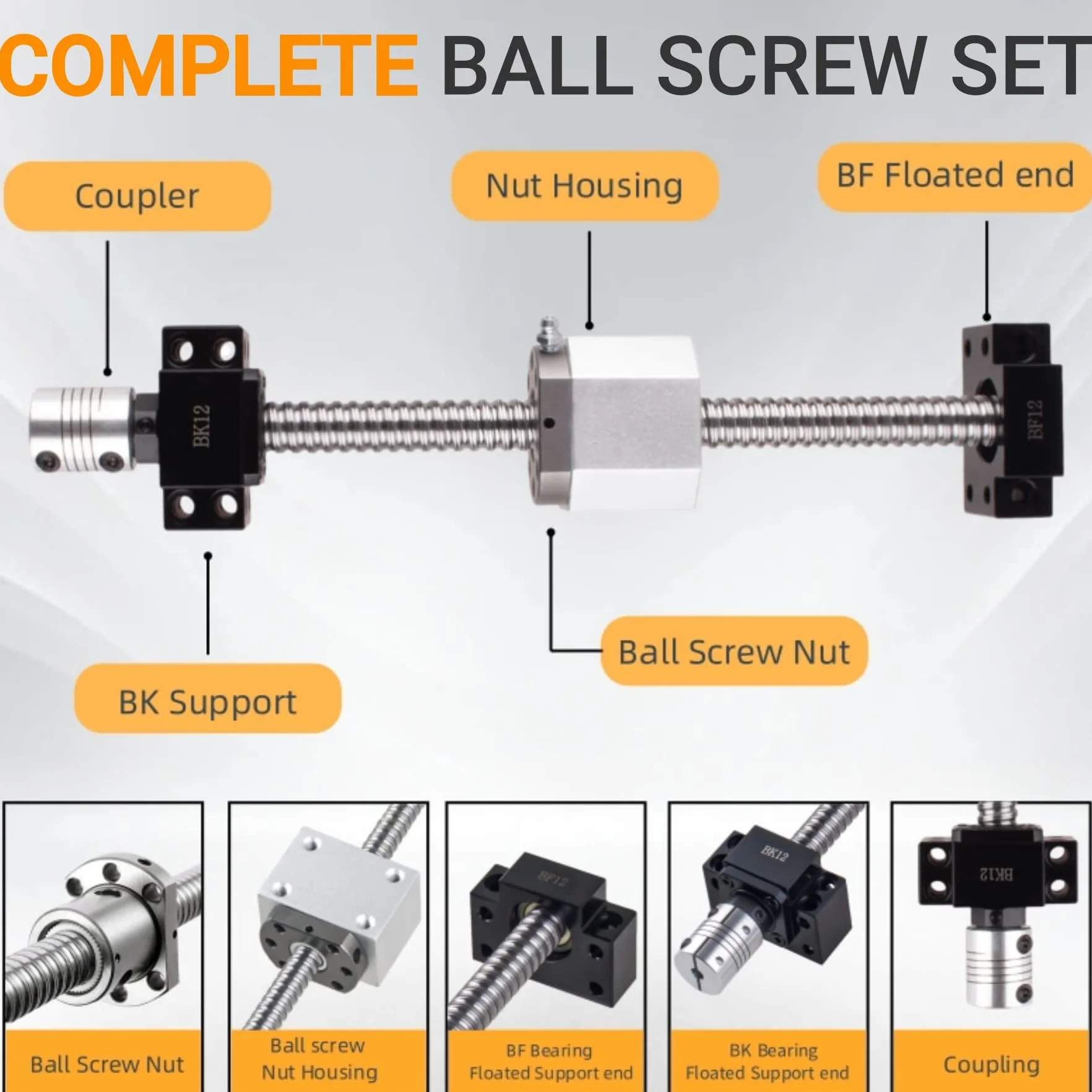 Juego de husillo de bolas SFU1610-600 mm, eje roscado de acero inoxidable, guía lineal con soporte BK12/BF12, carcasa de tuerca DSG16H + kit de embrague CNC piezas para impresora 3D CNC