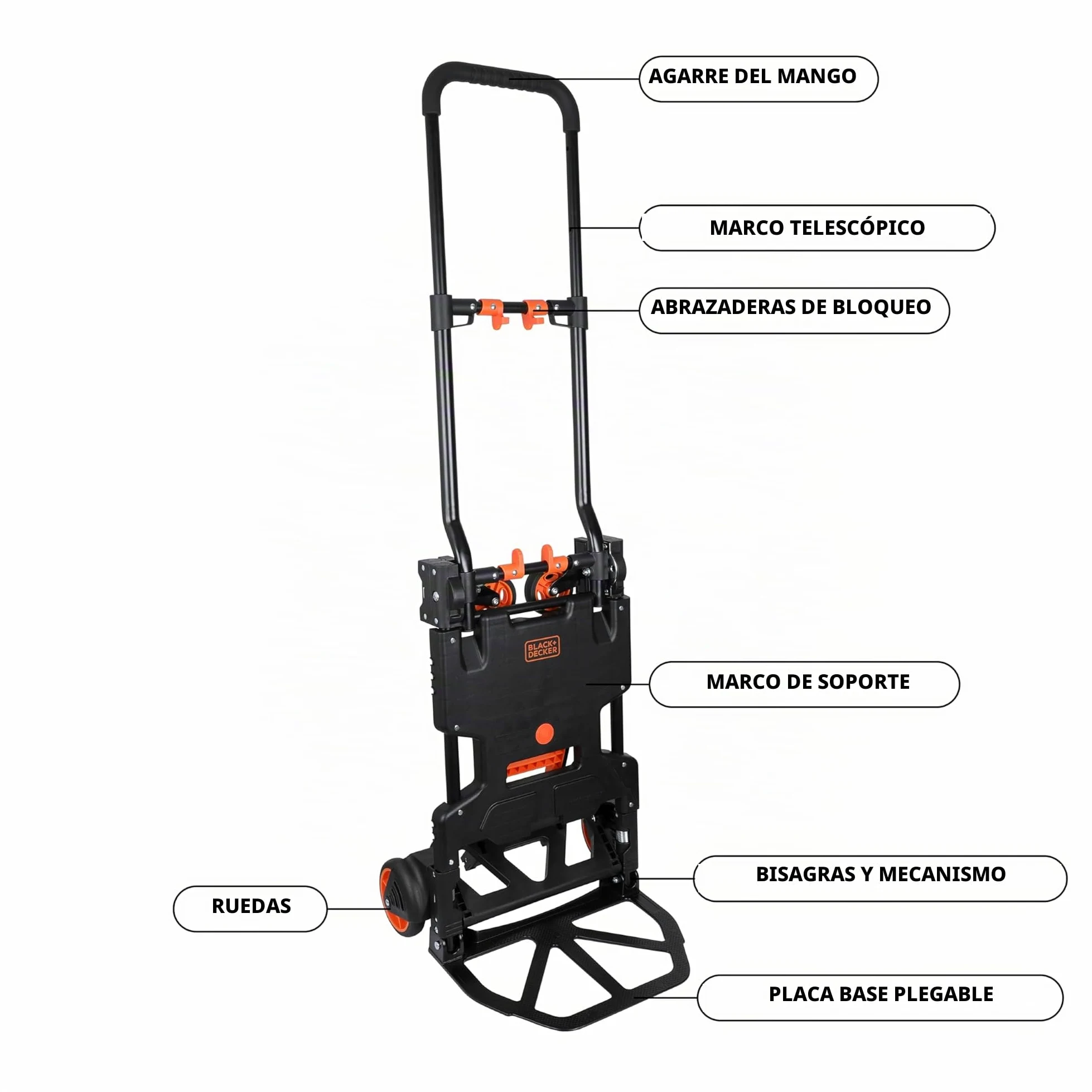 Black+Decker 2-en-1 Carro y Caretilla Plegable - Carretilla de Carga MAX. 55KG - Caretilla de Mano MAX. 120KG - Carro Plataforma con Ruedas Robustas - Plástico/Acero