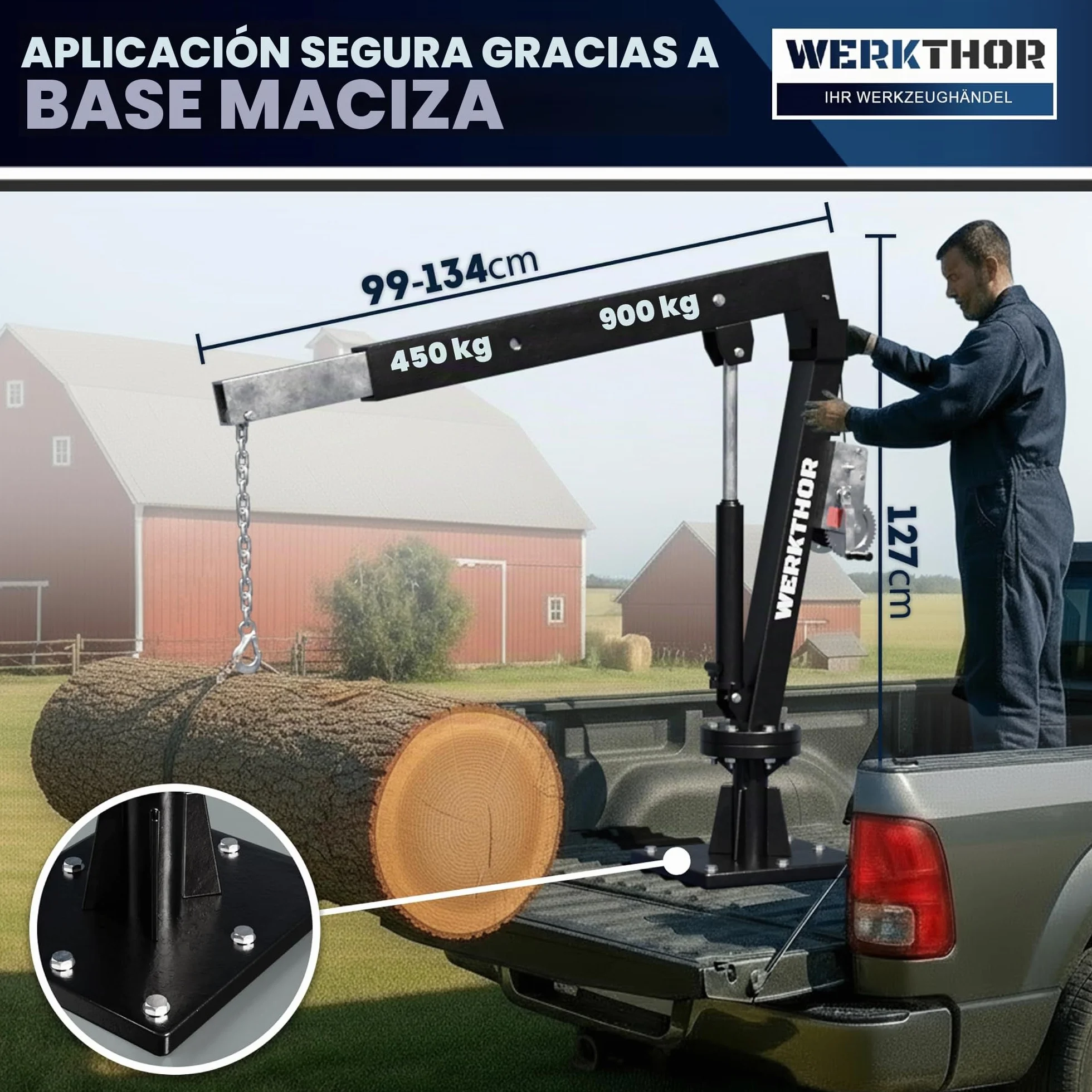 WERKTHOR Grúa de carga para Pick Up 900 kg con cabrestante e hidráulica – Grúa Pick Up para remolque y plataforma giratoria 360° – Mini grúa incl. material de montaje y base sólida – Grúa de taller