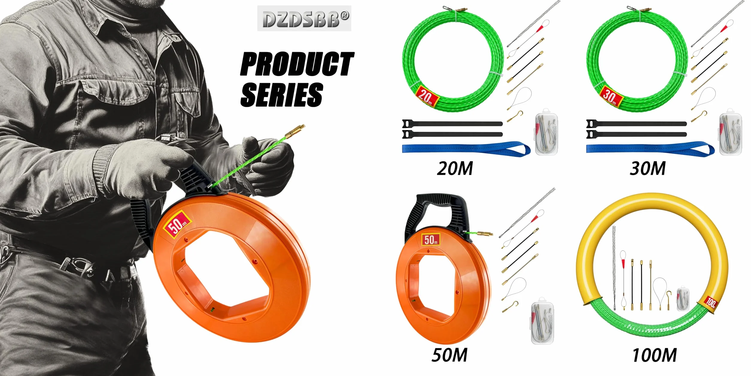 Przewodnik kablowy spirala 50 m 4,5 mm z 2 sprężynami, pomoc do wyciągania kabli