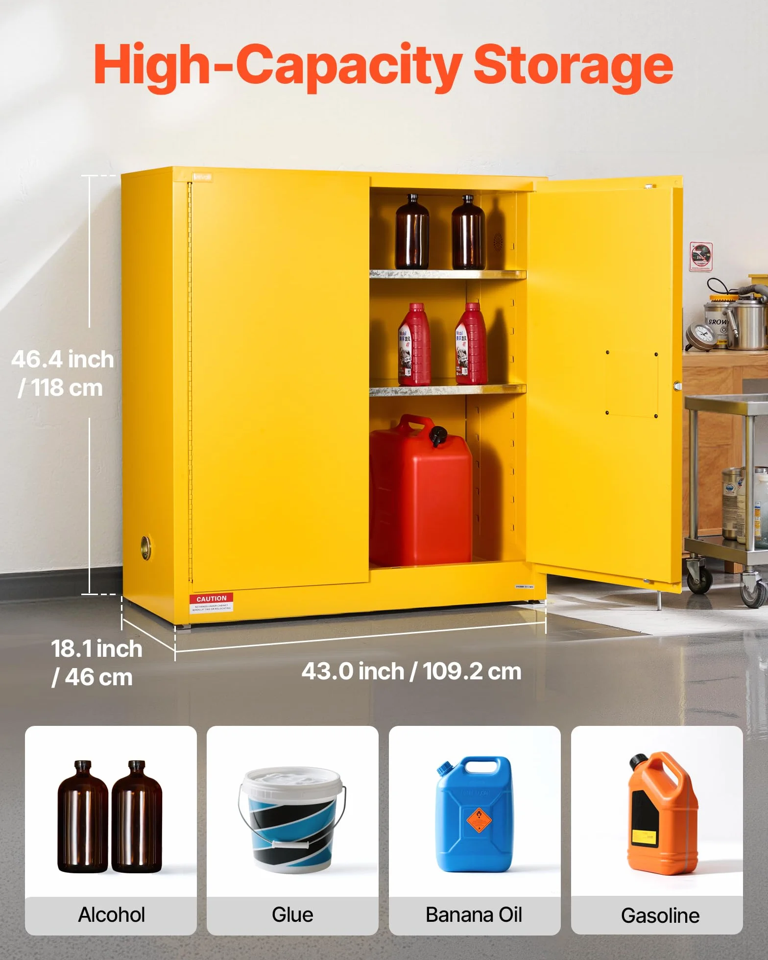 VEVOR Gabinete para Materiales Inflamables, Gabinete Ignífugo 109,2 x 46 x 118 cm de 110 L de Acero Laminado en Frío y Galvanizado con Estante Ajustable para Uso Comercial y Doméstico, Amarillo