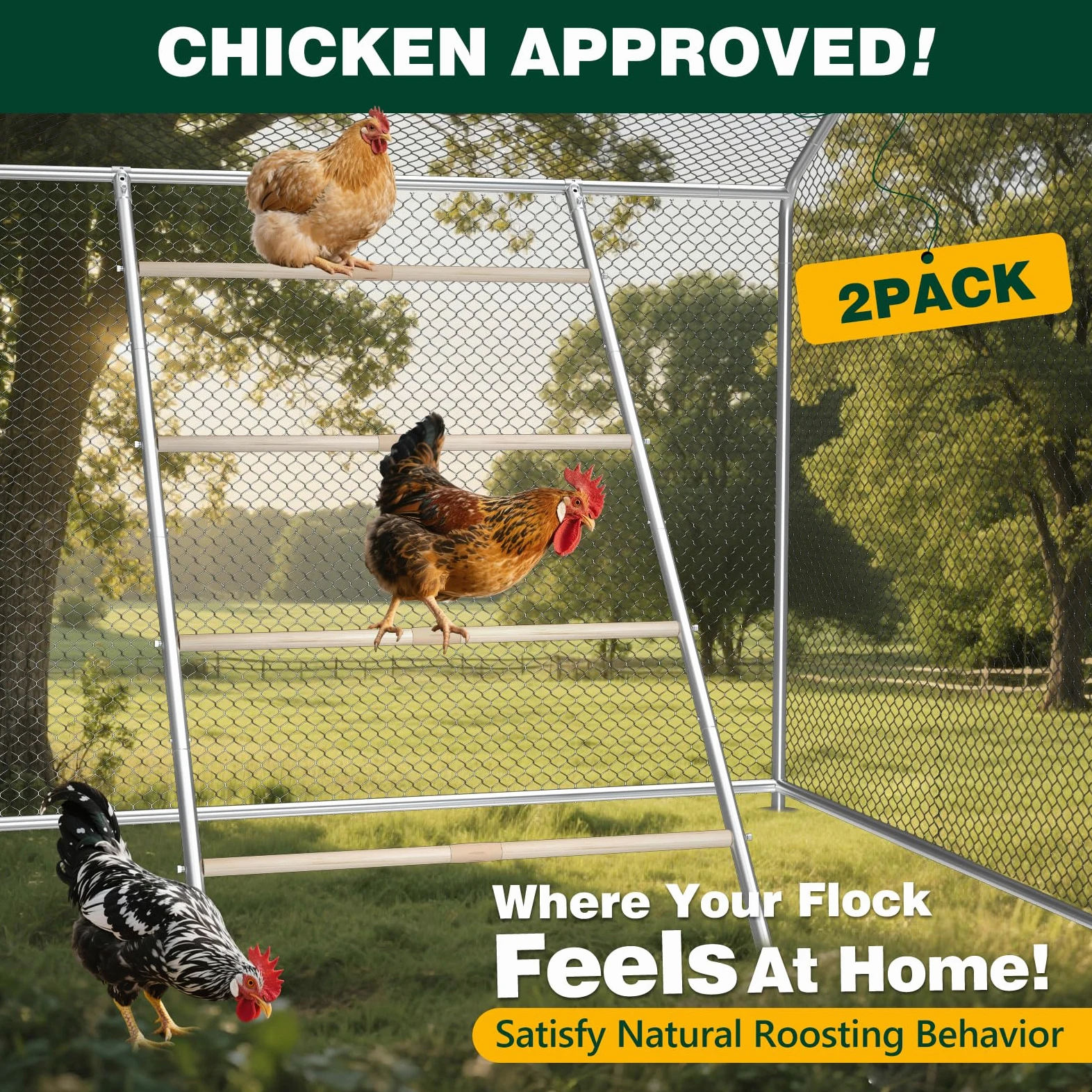 Percha de pollo para gallinero, barras de gallina, juguetes de granja, escalera de gallo para aves de corral, paquete de 2 (58 pulgadas de largo x 32 pulgadas de ancho)