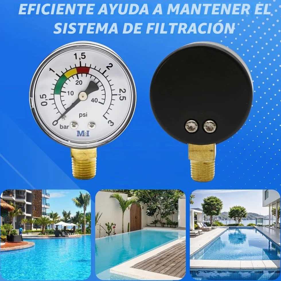 Manómetro de Agua 1/4 BSPT 0-3BAR/PSI Ø50mm para Piscinas Filtros y Bombas