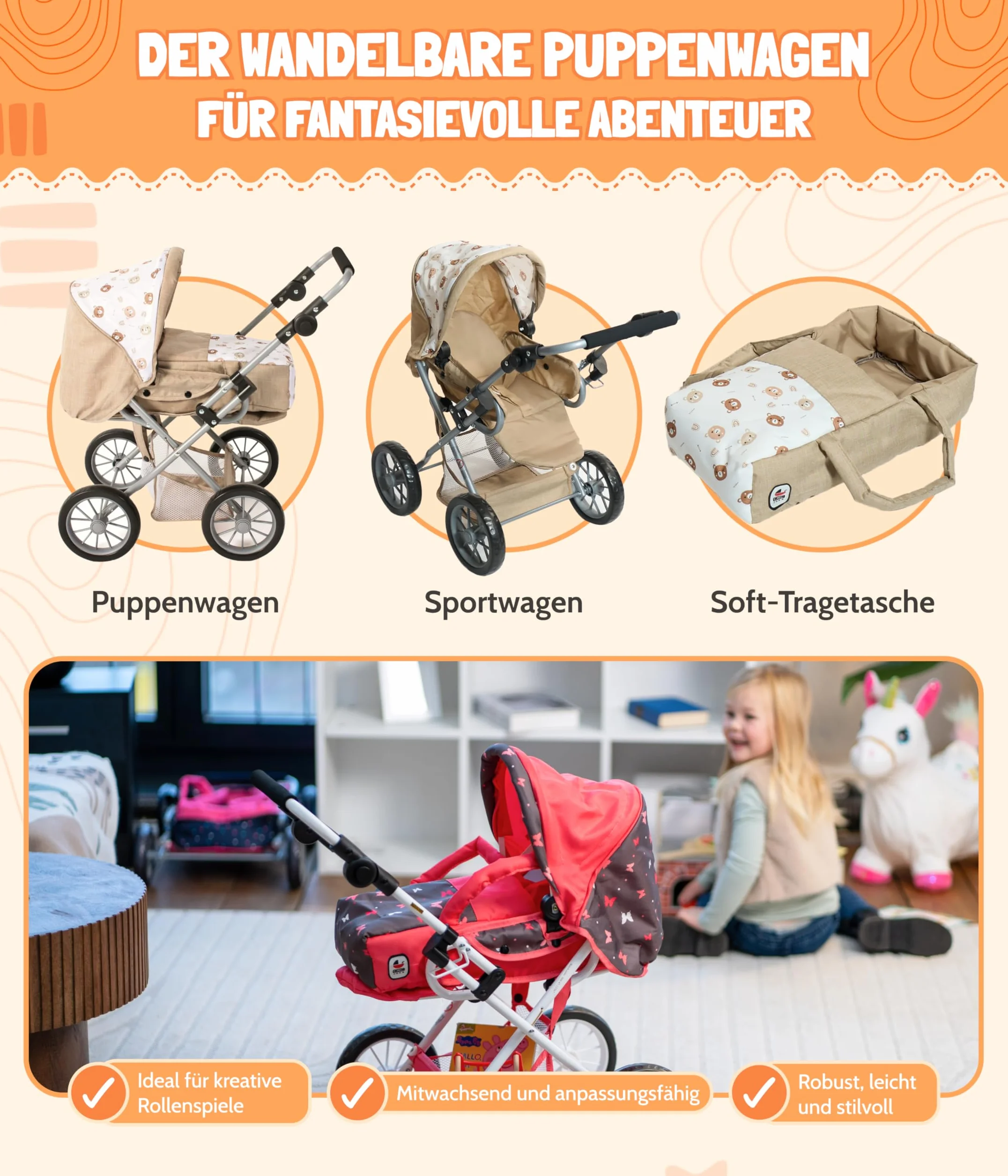 Bayer Chic 2000 Cochecito 3 en 1 para muñecas Leni, Plegable, Mango Ajustable 43-67 cm, Bolsa de Transporte, hasta 46 cm, 3 años