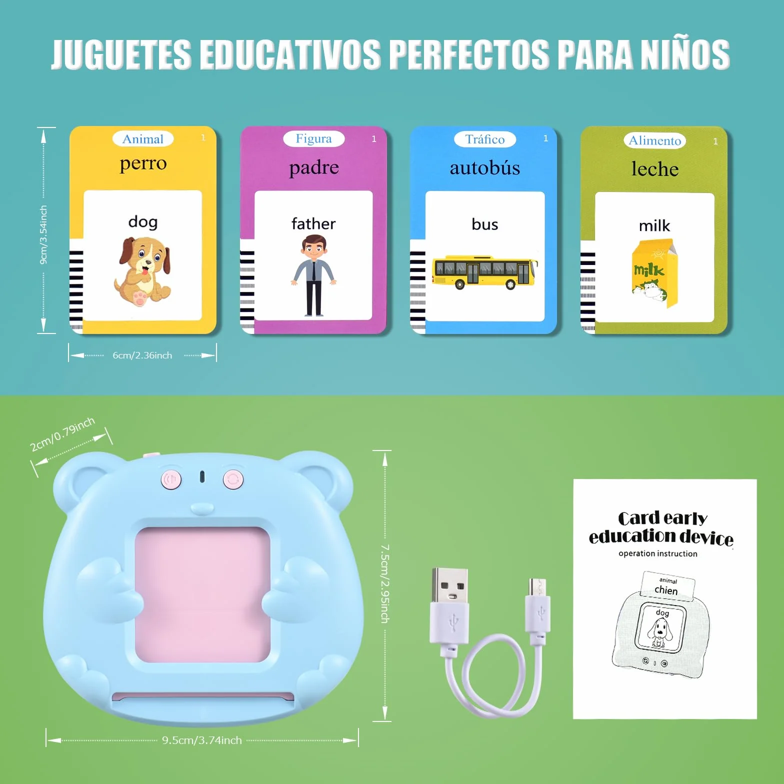 Tarjetas Flash Parlantes 510 Palabras Juguetes Educativos Niños 3+ Años 255 Tarjetas Talking Flash Card Azul