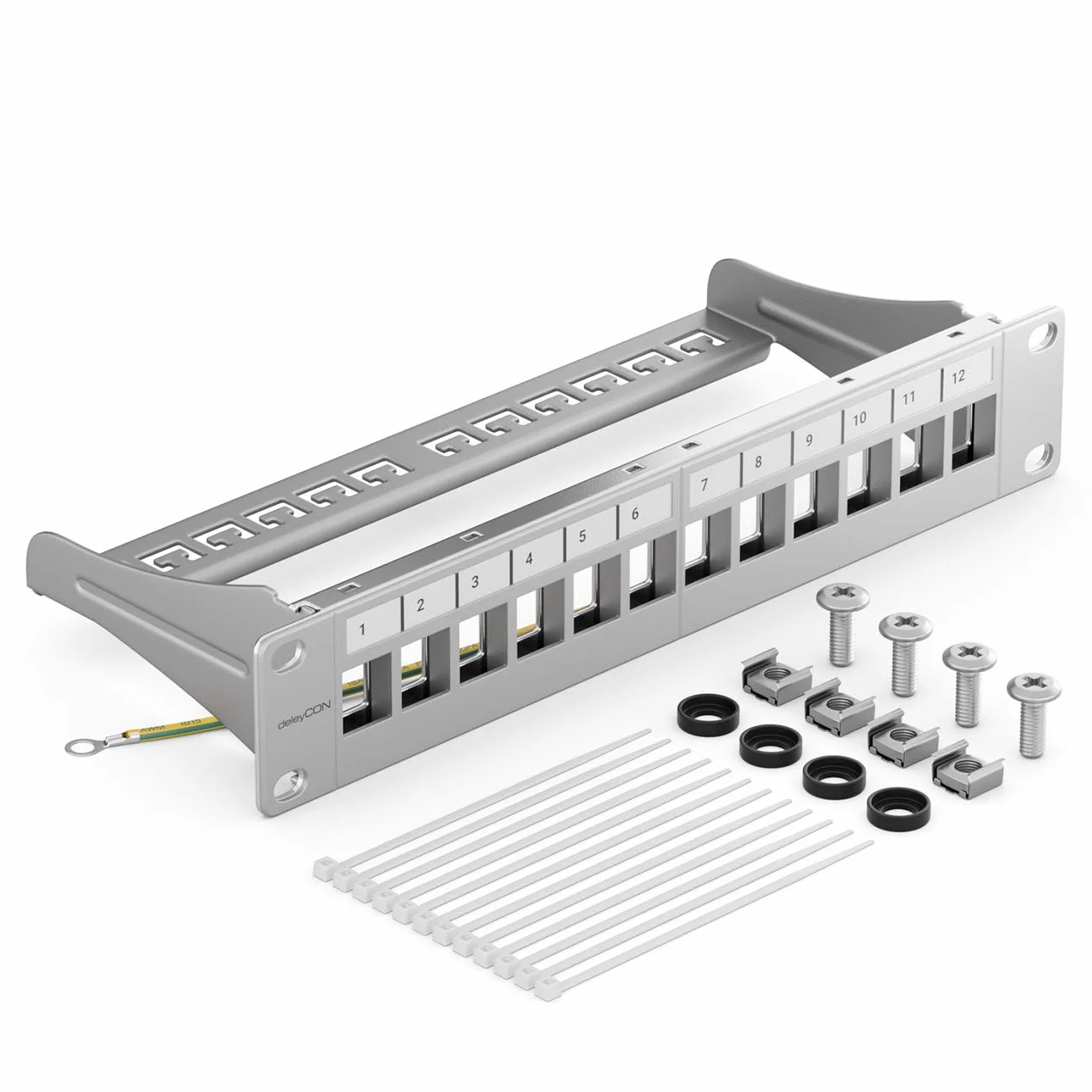 deleyCON Panel Patch 12 Puertos Modular Keystone 1 HE 10" Montaje Rack Compatible CAT6 CAT7 CAT8 LAN Gris